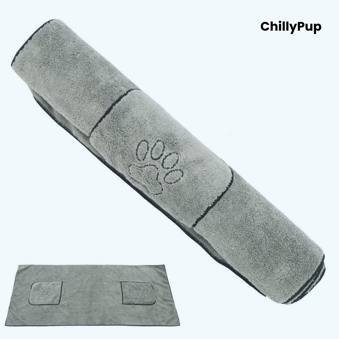 Gray towel with paw prints and measurements, branded 'ChillyPup'.