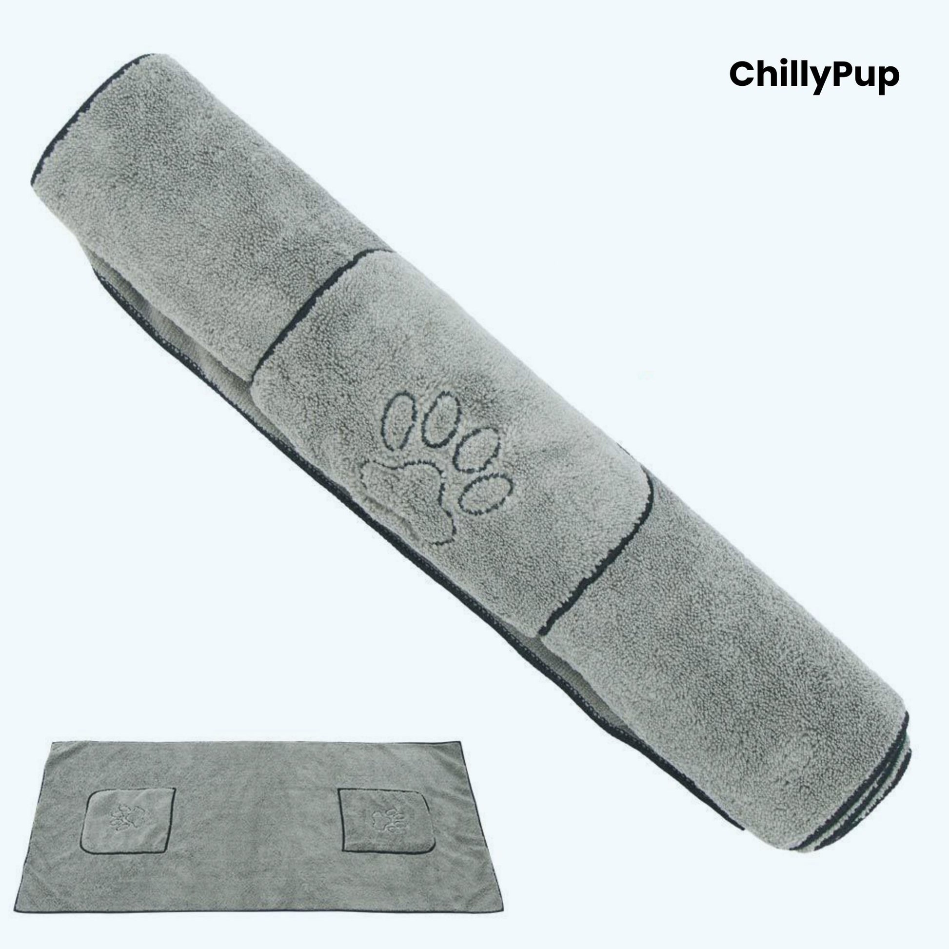 Gray towel with paw prints and measurements, branded 'ChillyPup'.