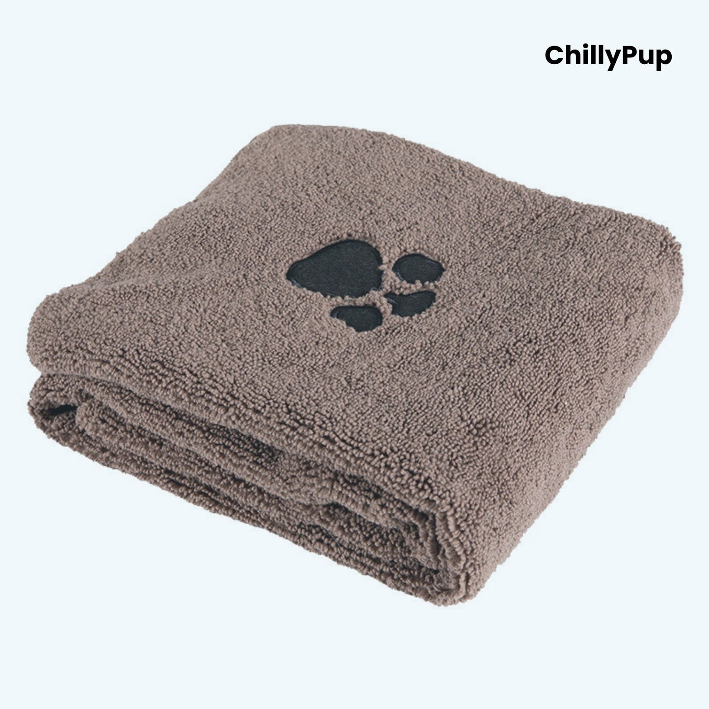 Folded brown towel with black paw print logo on a white background, branded 'ChillyPup'.