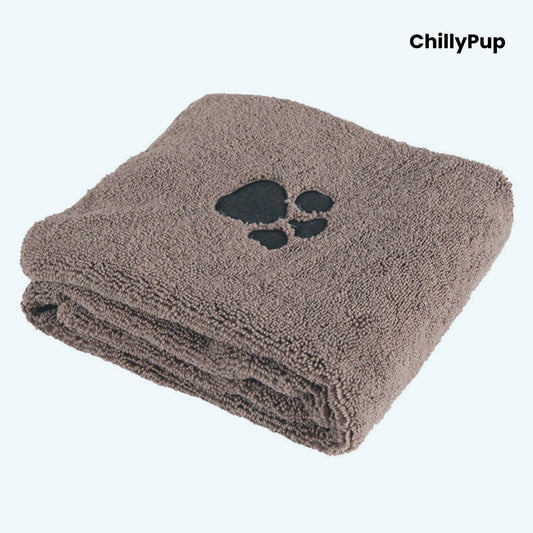 Folded brown towel with black paw print logo on a white background, branded 'ChillyPup'.
