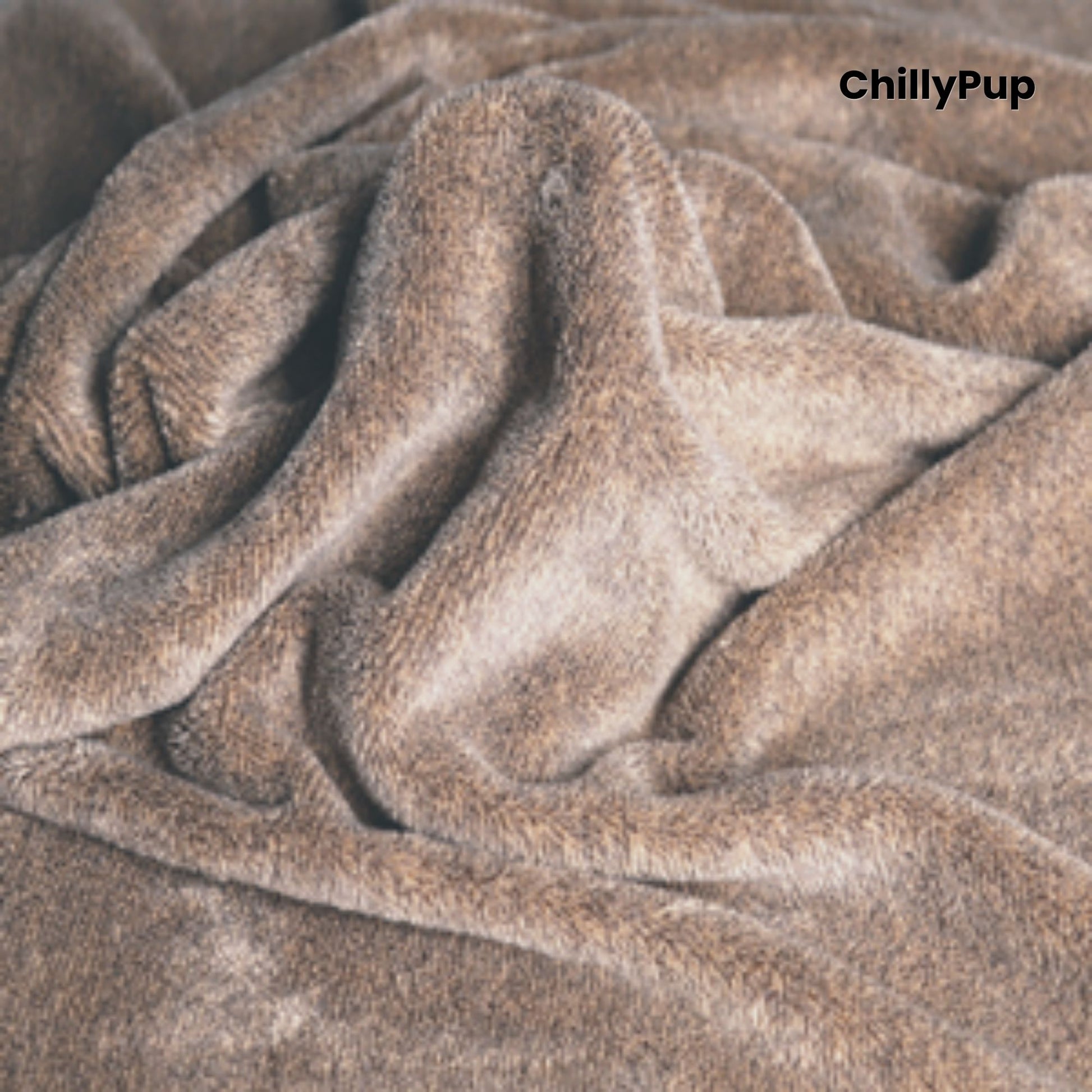 Close-up of brown textured fabric towel with 'ChillyPup' branding.