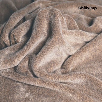 Close-up of brown textured fabric towel with 'ChillyPup' branding.