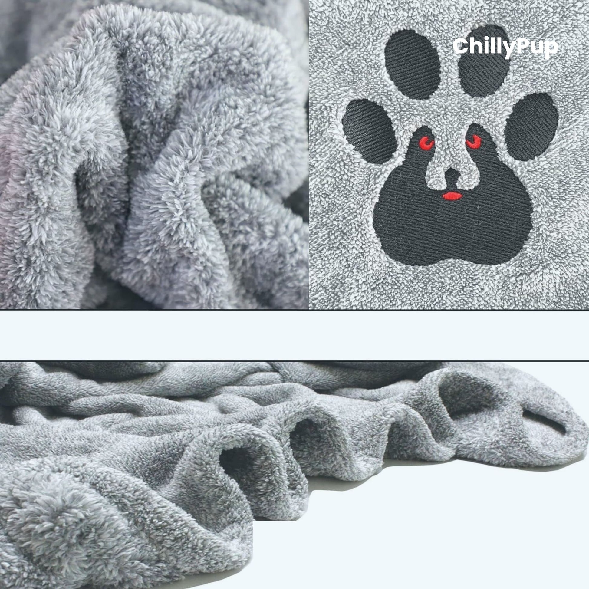 Grey textured towel with a paw print design and 'Chilly Pup' branding.