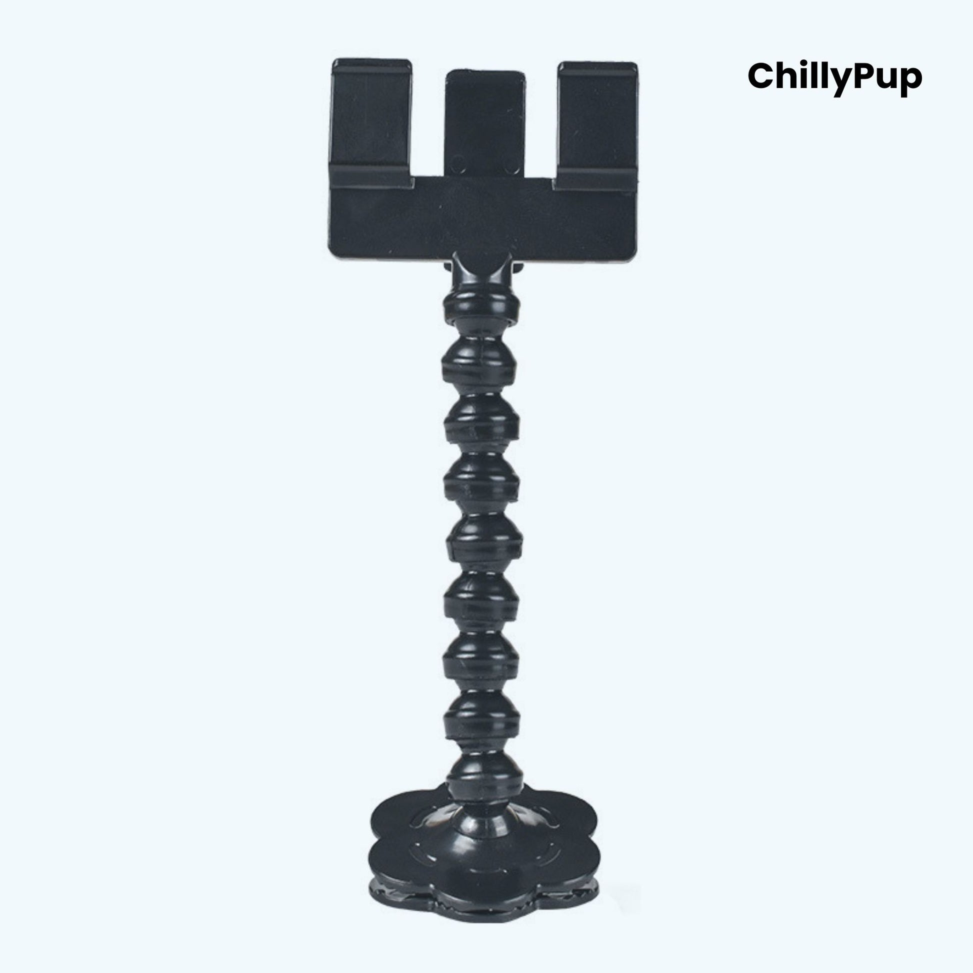 Black phone treat holder with a spiral design on a white background, branded 'ChillyPup'.