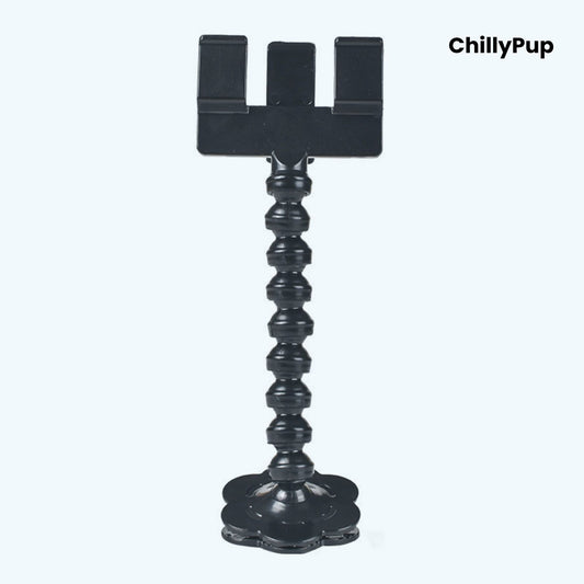 Black phone treat holder with a spiral design on a white background, branded 'ChillyPup'.
