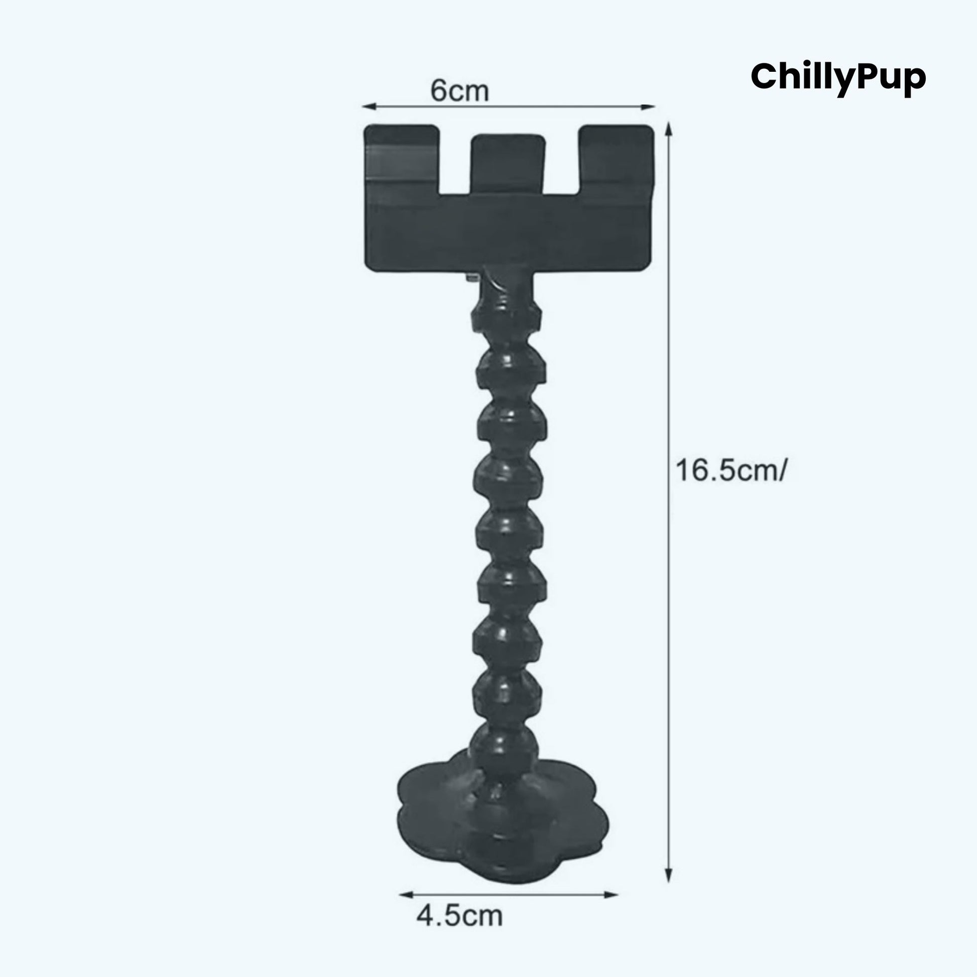 Black plastic stand with dimensions labelled, branded 'ChillyPup'.