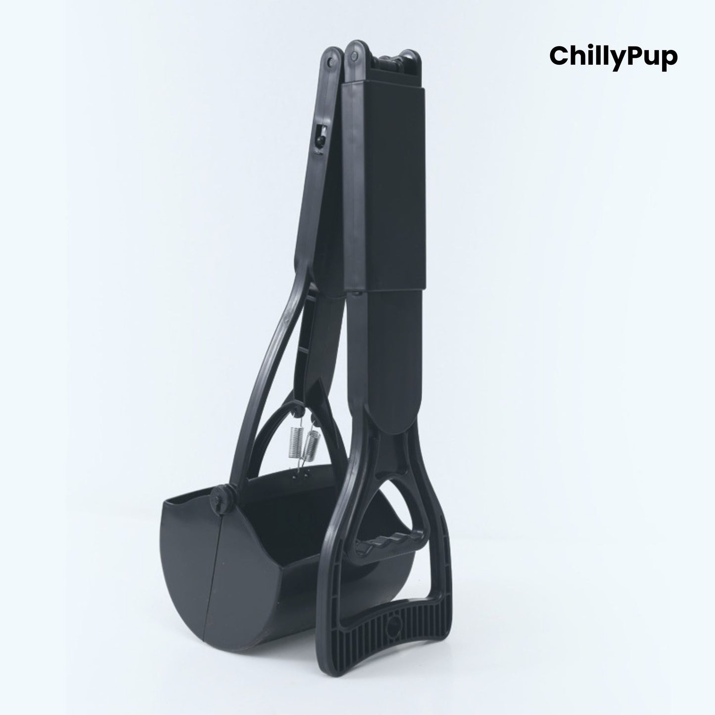 Black PawGrab Foldable Adjustable Dog Pooper Scooper branded on ChillyPup background