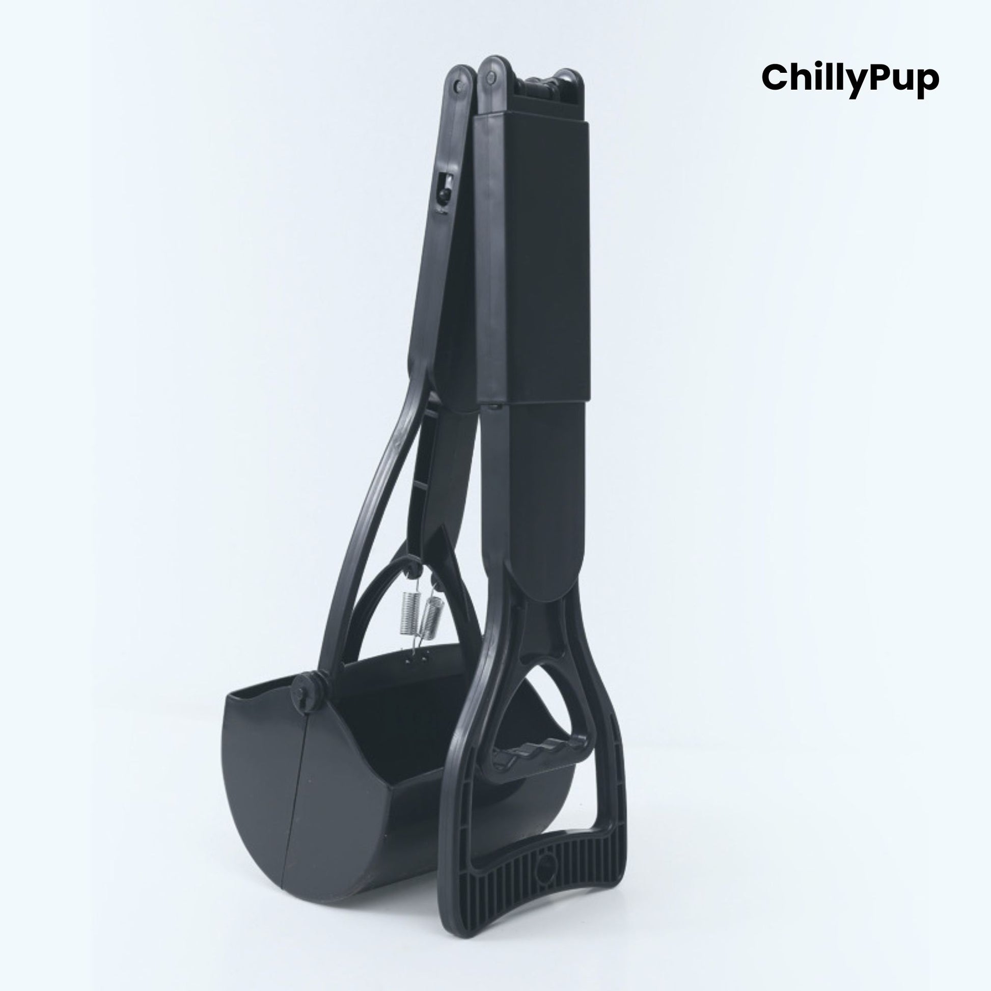 Black PawGrab Foldable Adjustable Dog Pooper Scooper branded on ChillyPup background