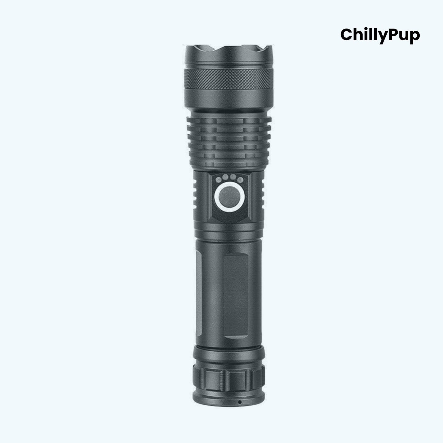 Black Torch with labelled features on a white background, branded 'ChillyPup'.