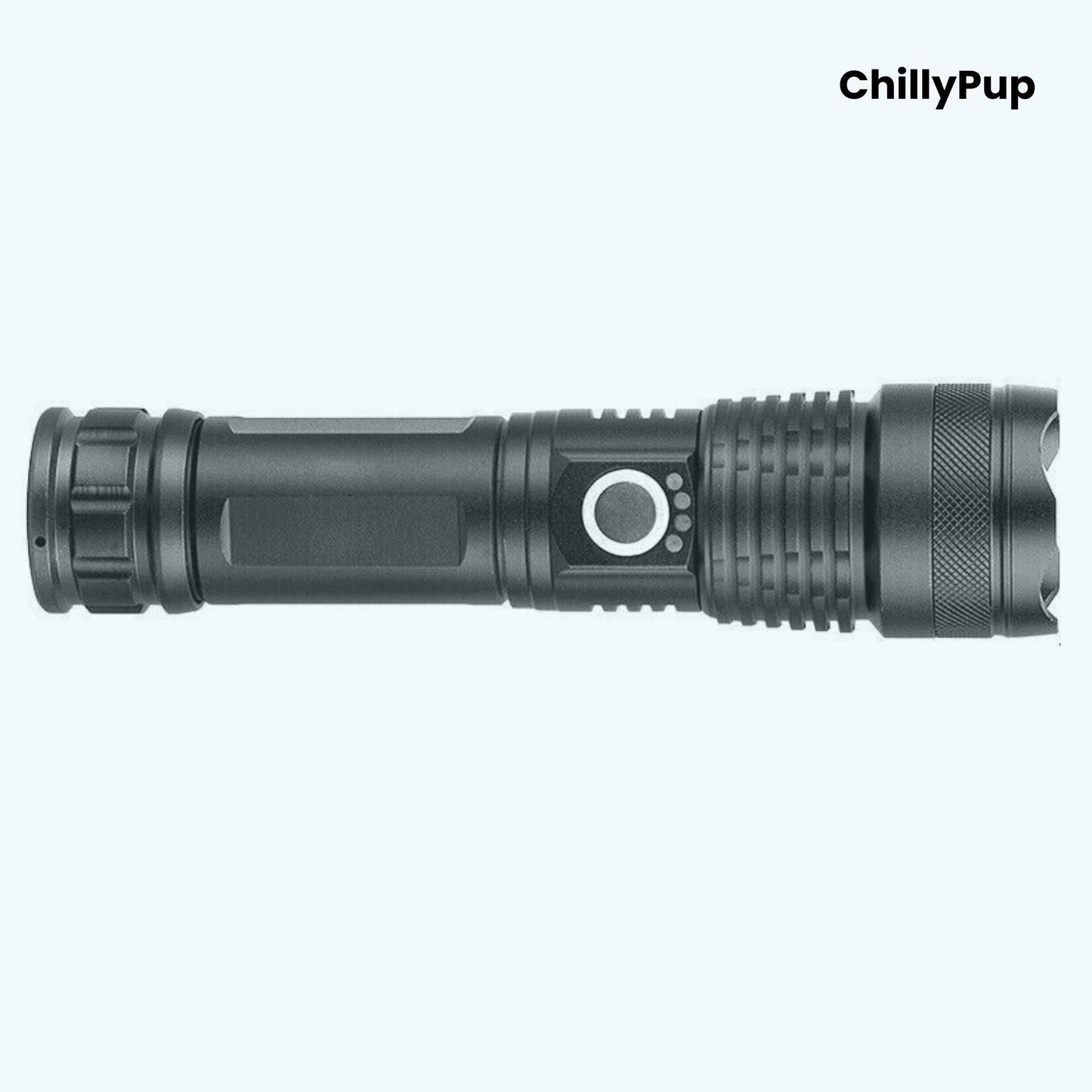 Black Torch with labelled features on a white background, branded 'ChillyPup'.