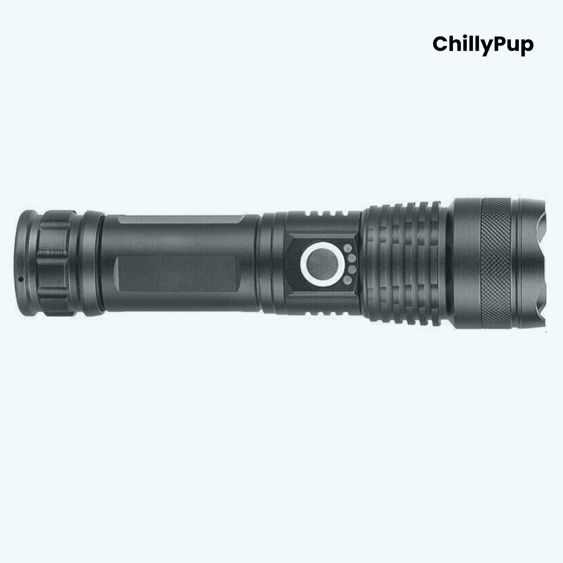 Black Torch with labelled features on a white background, branded 'ChillyPup'.