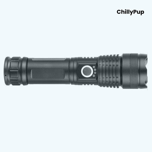 Black Torch with labelled features on a white background, branded 'ChillyPup'.