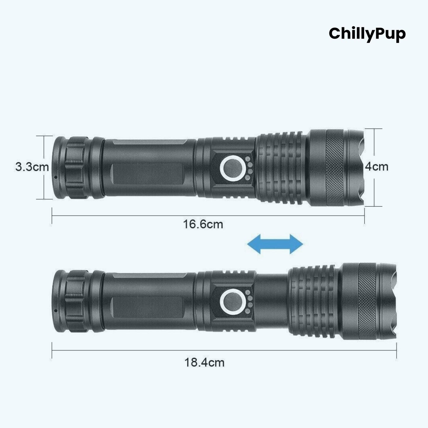 Black Torch with labelled features on a white background, branded 'ChillyPup'.