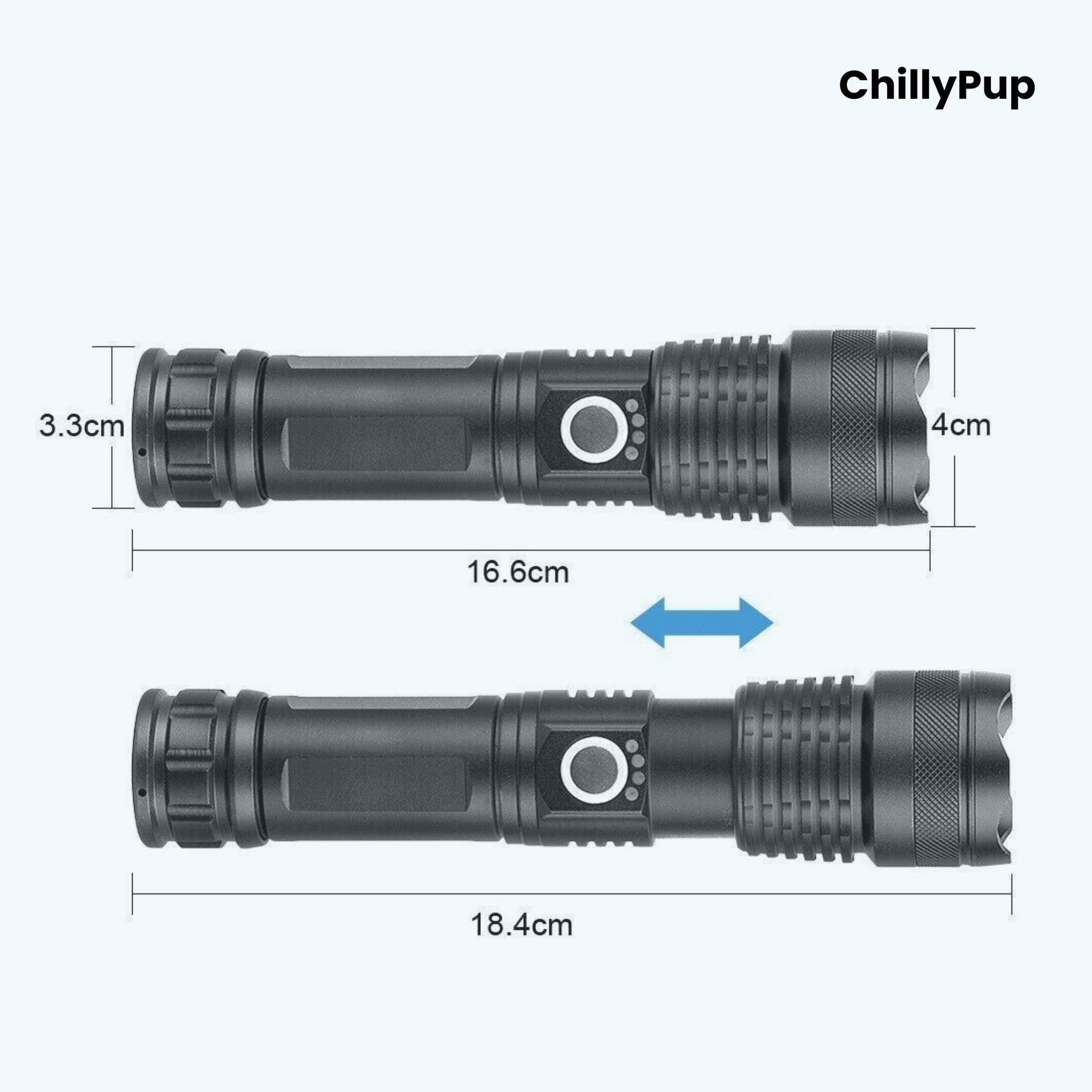 Black Torch with labelled features on a white background, branded 'ChillyPup'.