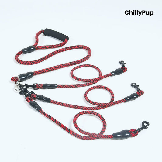 Red and black dog Lead with handle on a white background, branded 'ChillyPup'.