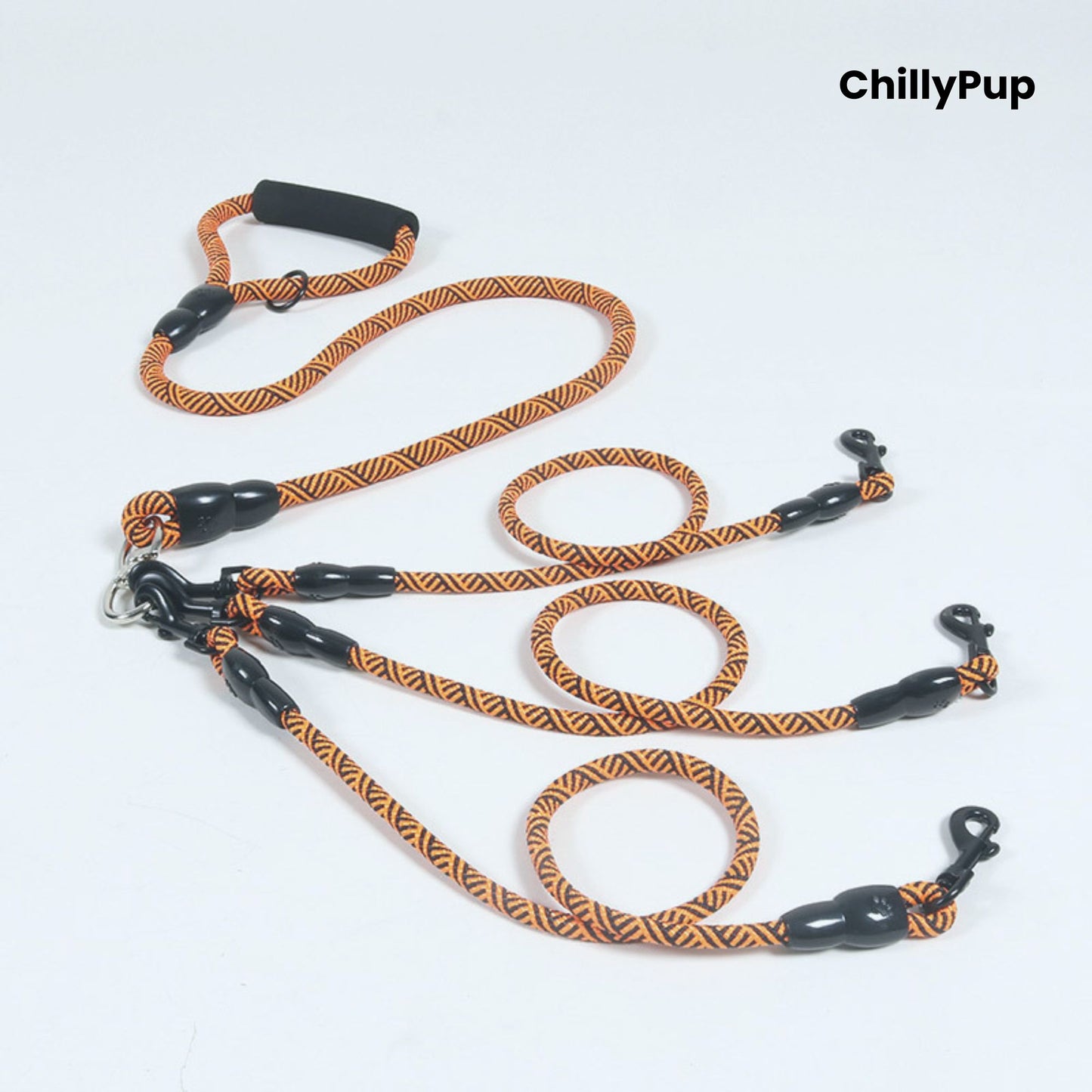 Orange and black dog Lead with handle on a white background, branded 'ChillyPup'.