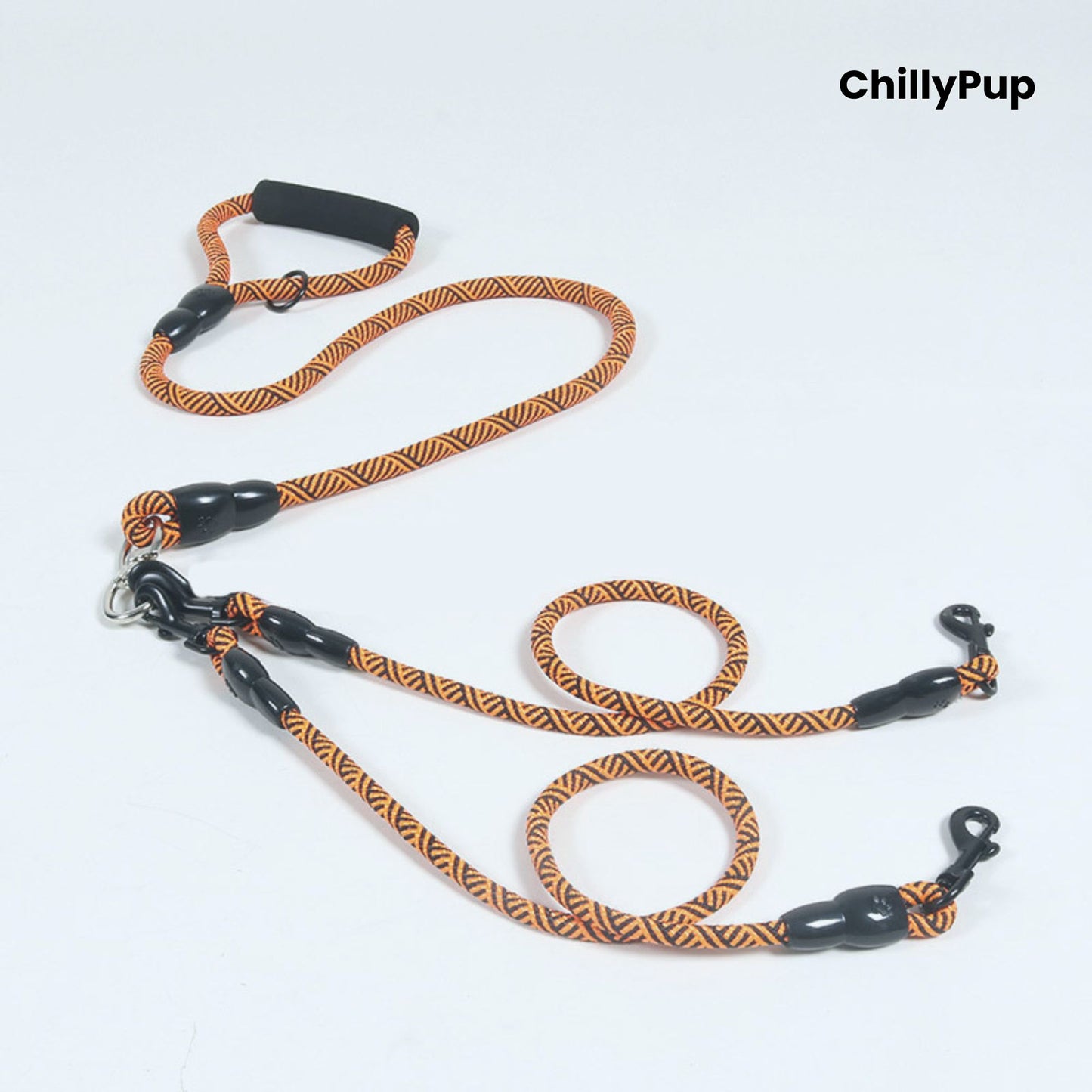Orange and black dog Lead with handle on a white background, branded 'ChillyPup'.
