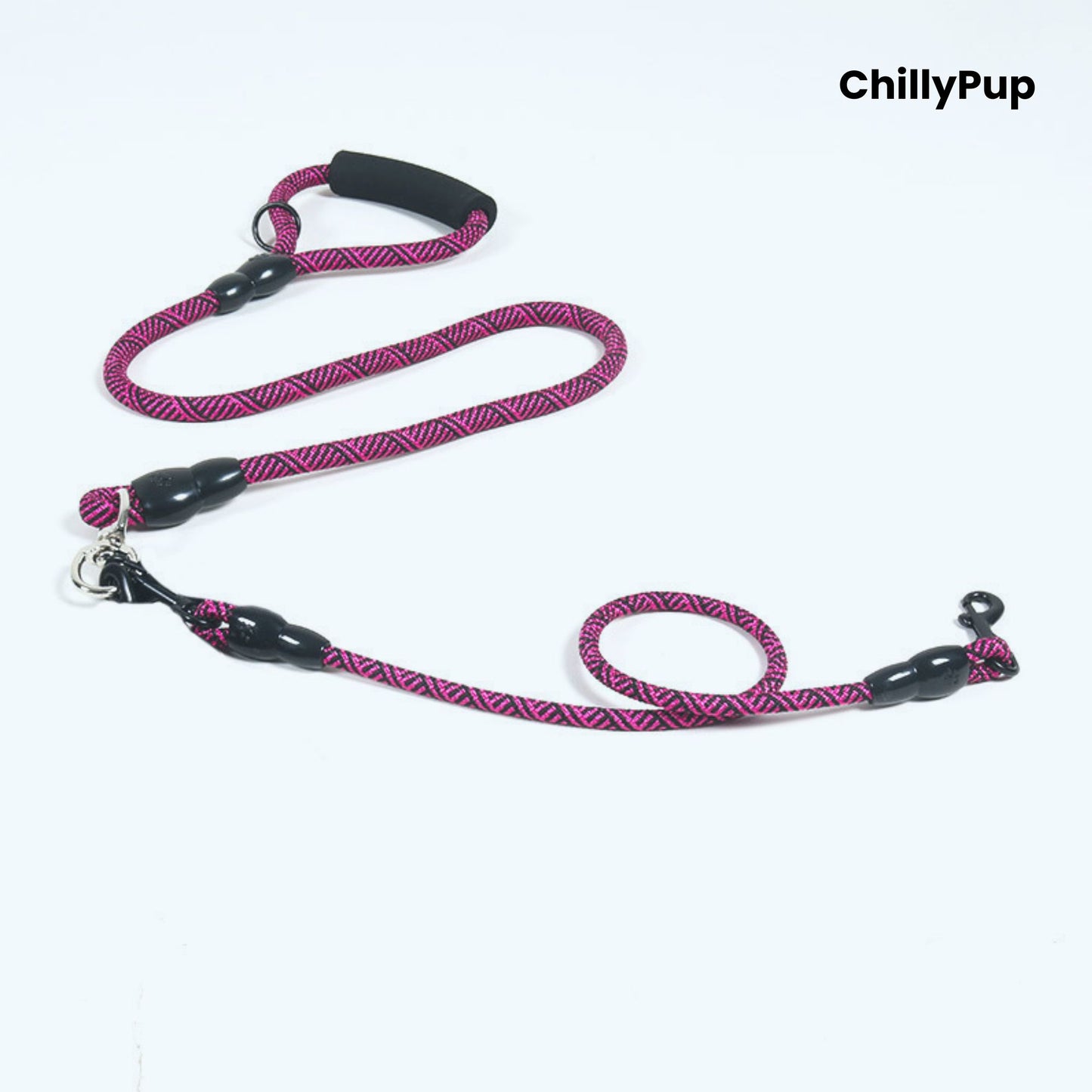 Red and black dog Lead with handle on a white background, branded 'ChillyPup'.
