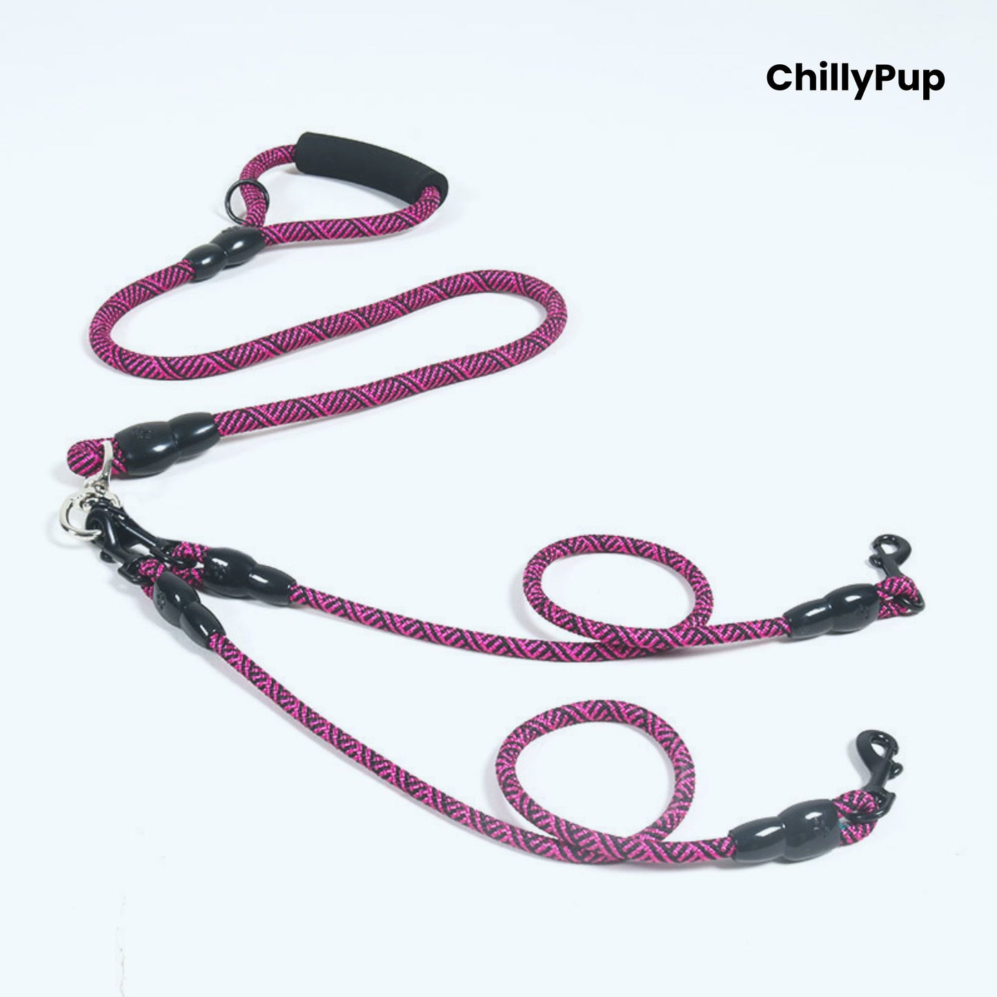 Red and black dog Lead with handle on a white background, branded 'ChillyPup'.