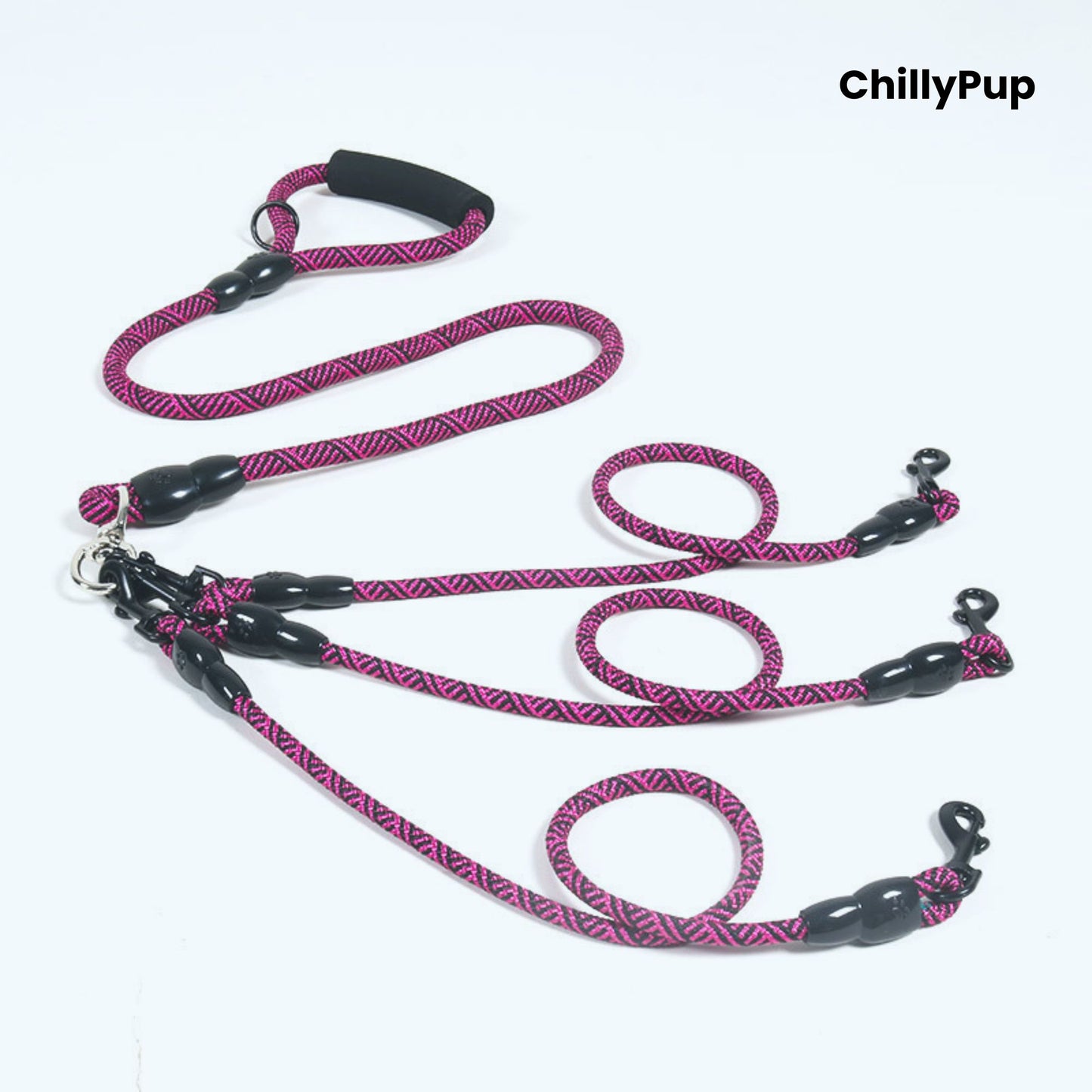 Red and black dog Lead with handle on a white background, branded 'ChillyPup'.