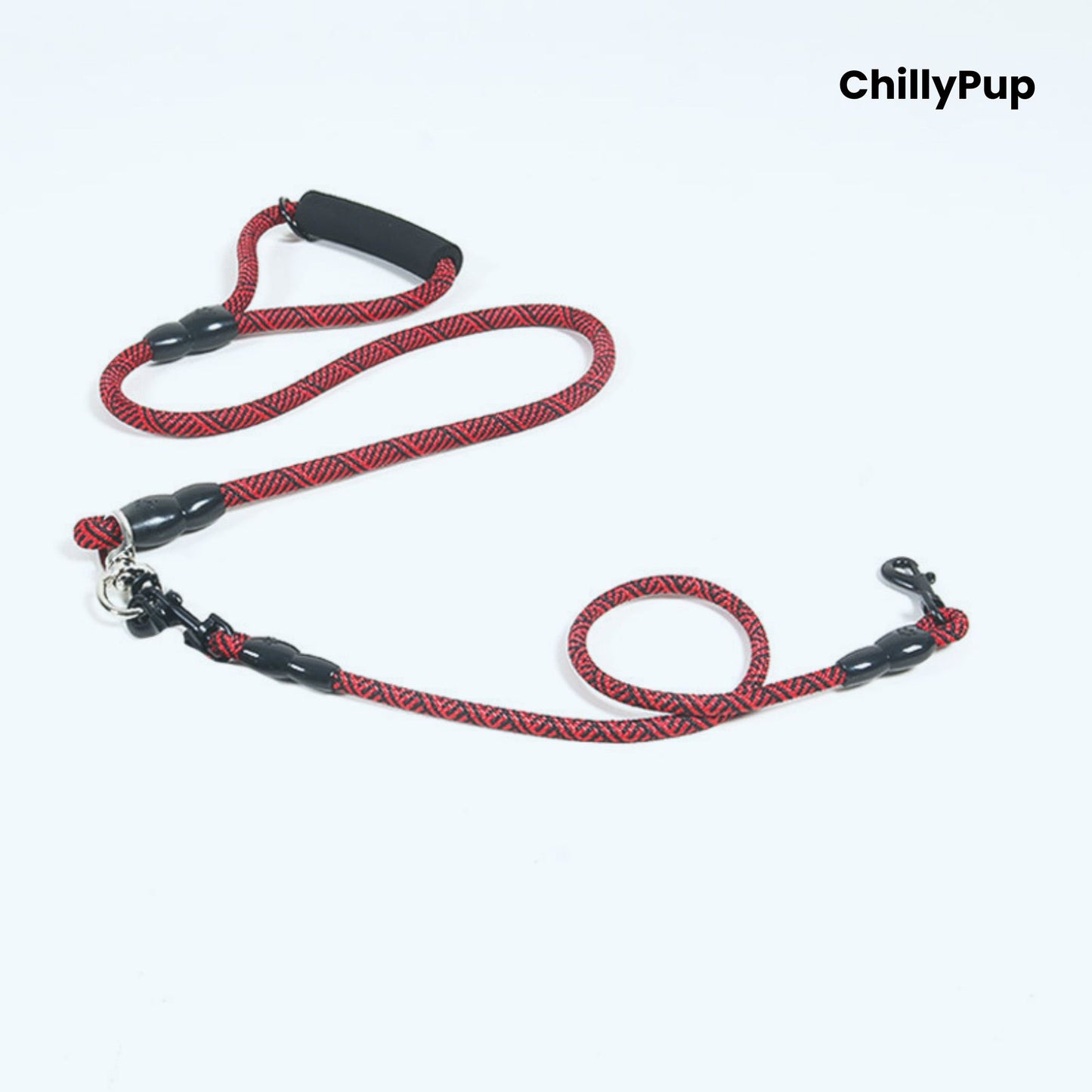 Red and black dog Lead with handle on a white background, branded 'ChillyPup'.