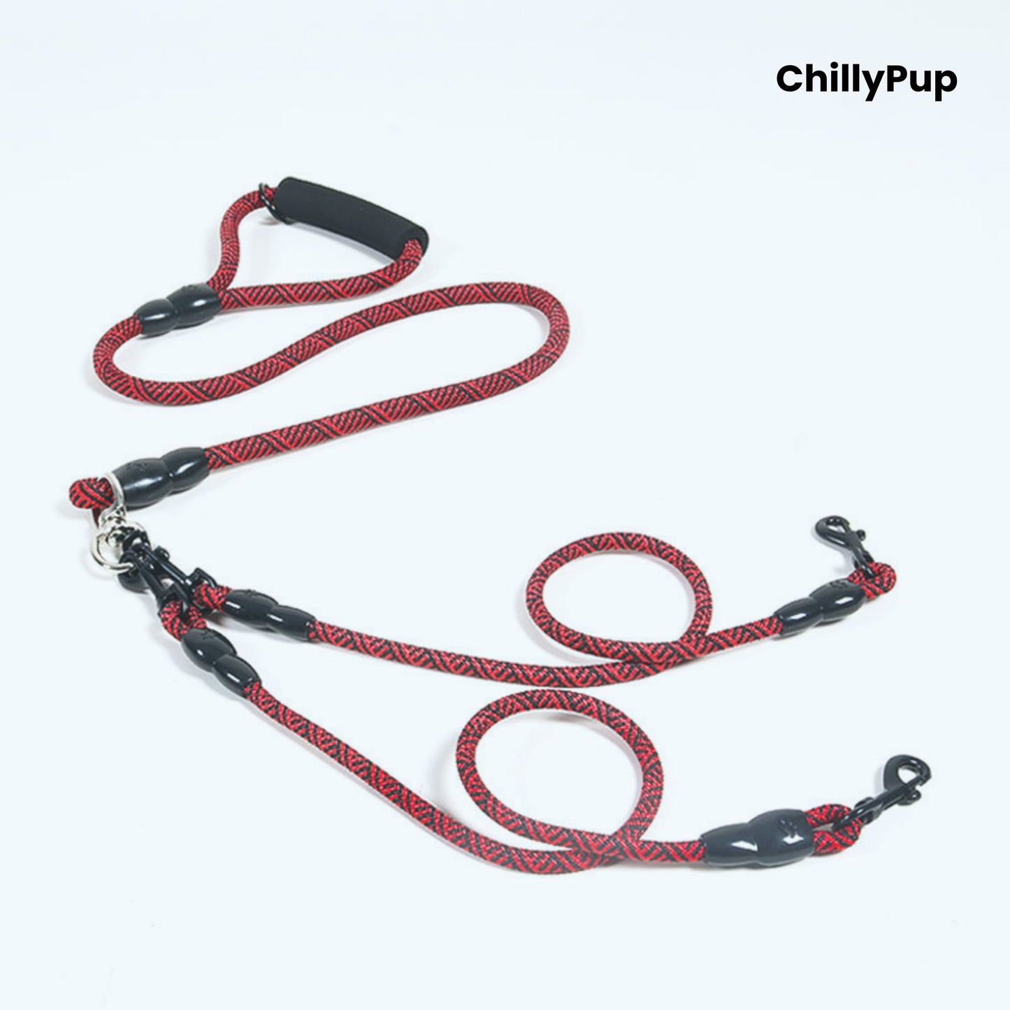 Red and black dog Lead with handle on a white background, branded 'ChillyPup'.