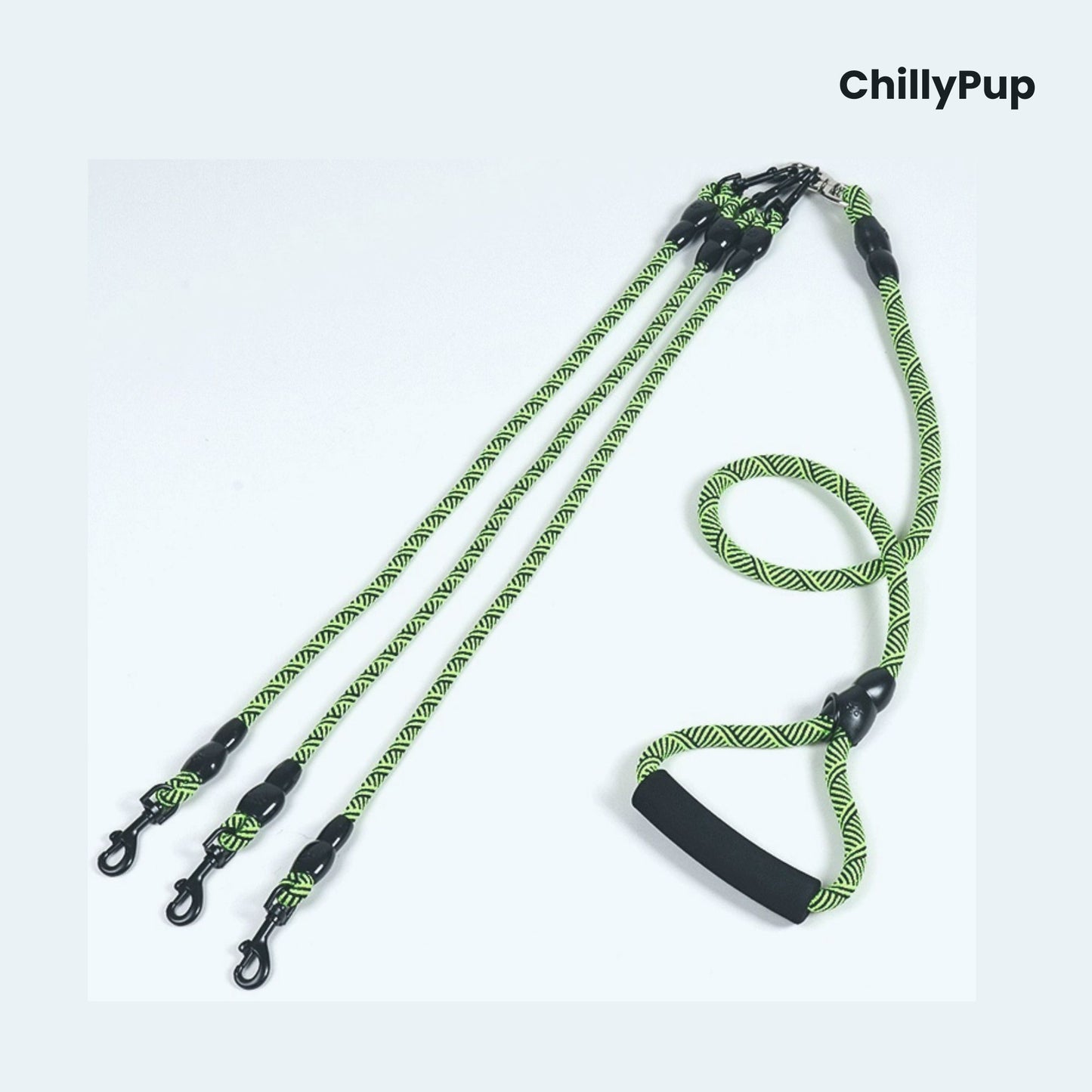 Green and black dog Lead with handle on a white background, branded 'ChillyPup'.