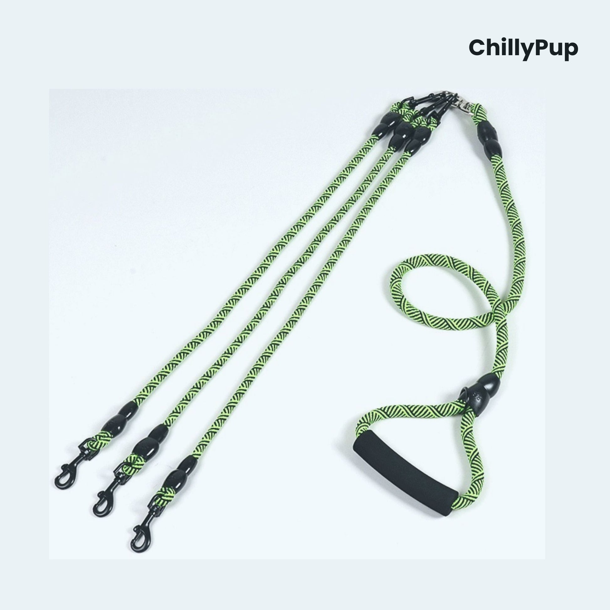 Green and black dog Lead with handle on a white background, branded 'ChillyPup'.