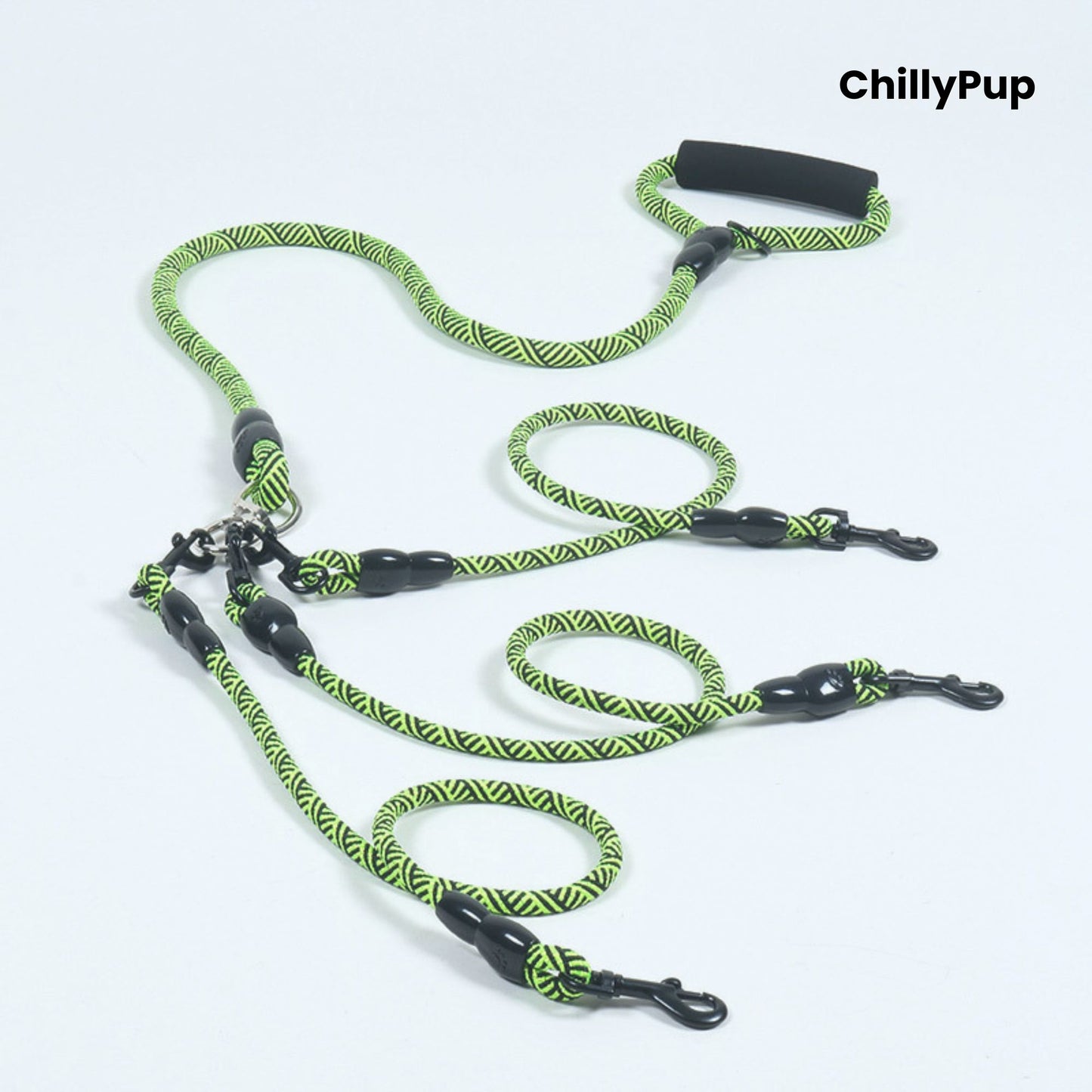 Green and black dog Lead with handle on a white background, branded 'ChillyPup'.