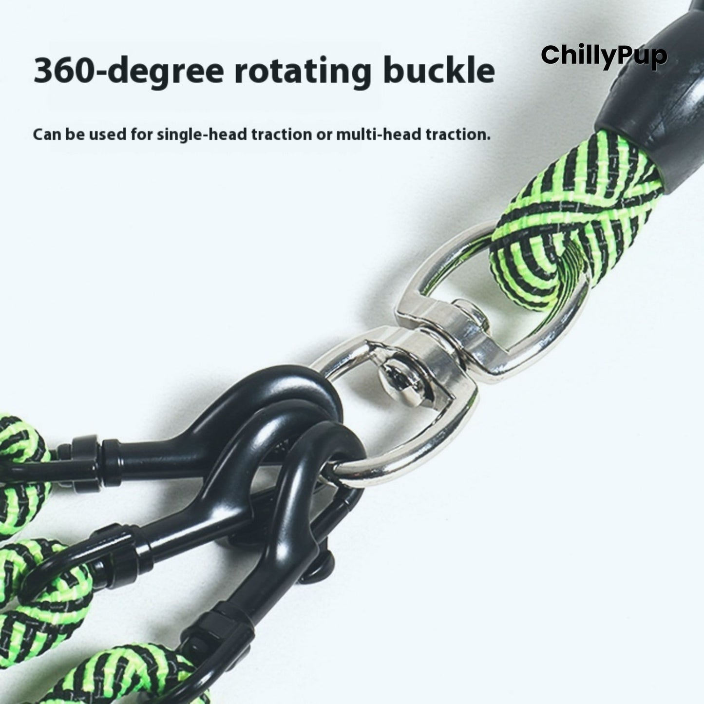 Green and black dog Lead with handle on a white background, branded 'ChillyPup'.