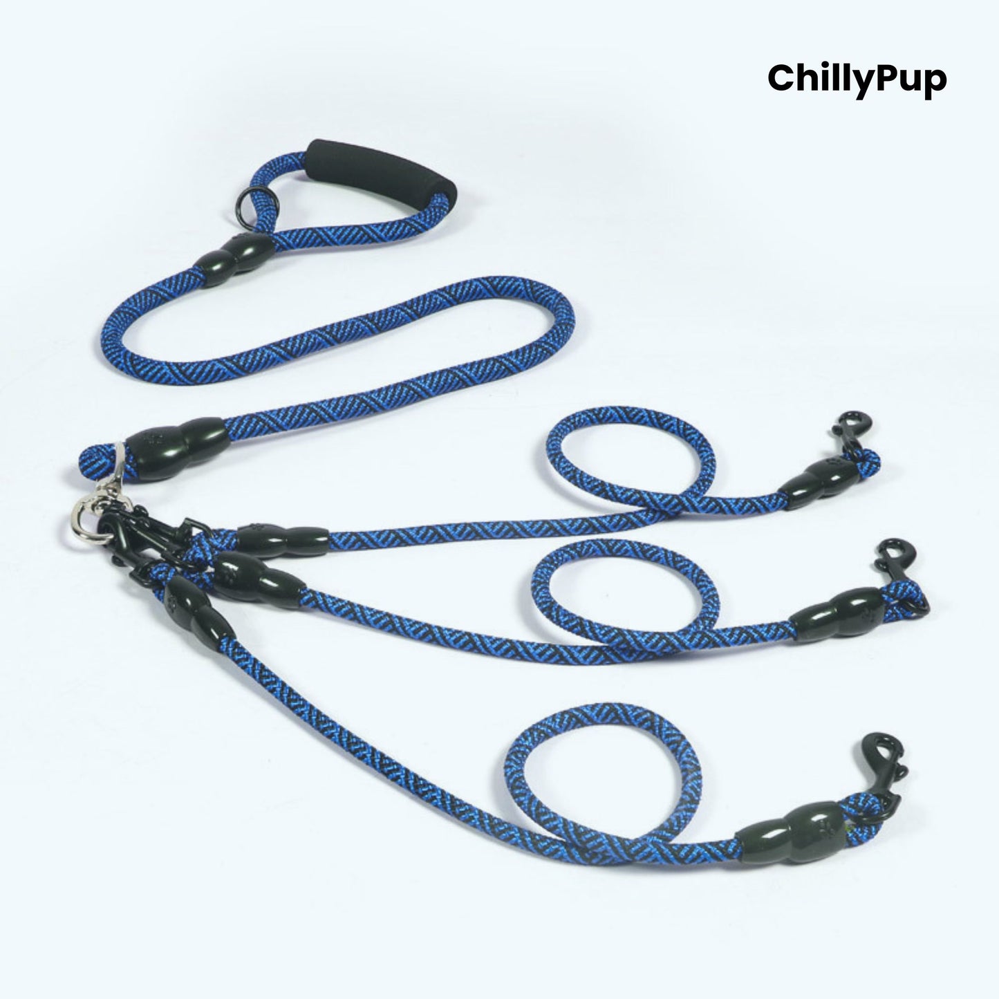Blue and black dog Lead with handle on a white background, branded 'ChillyPup'.