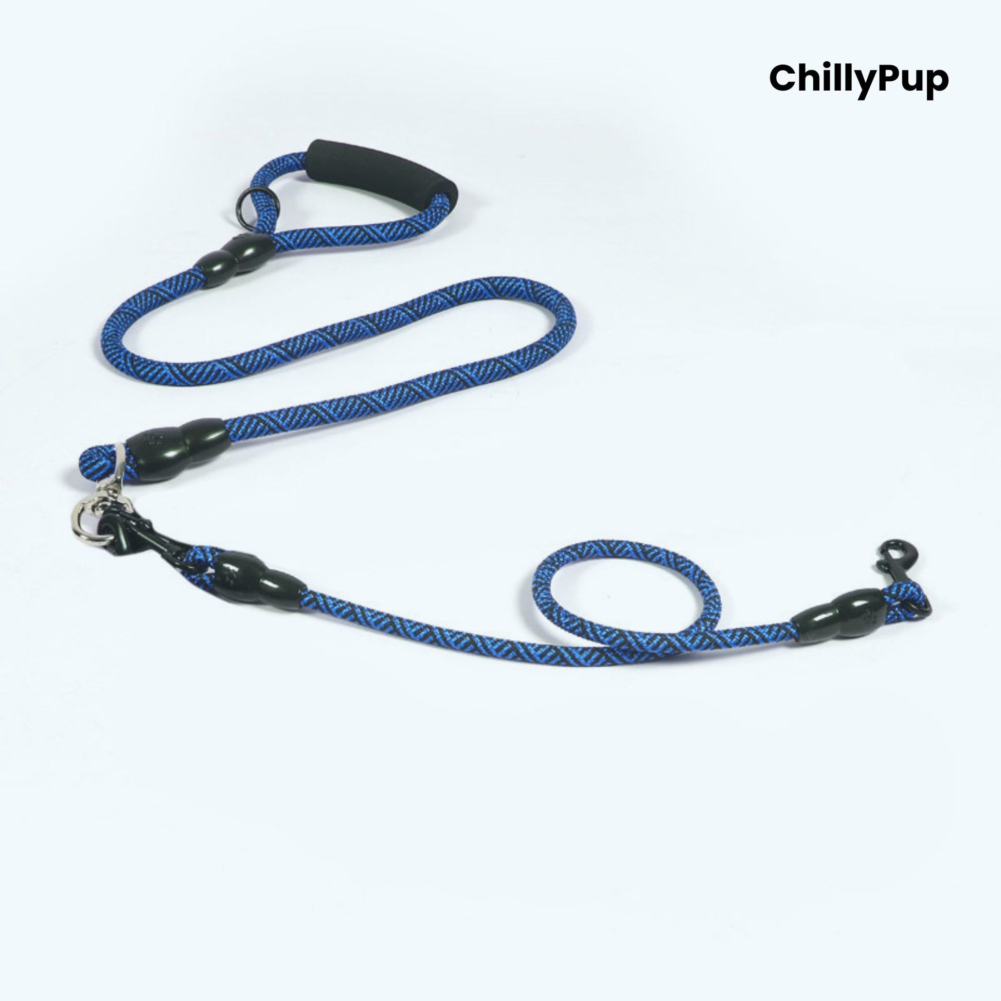 Blue and black dog Lead with handle on a white background, branded 'ChillyPup'.