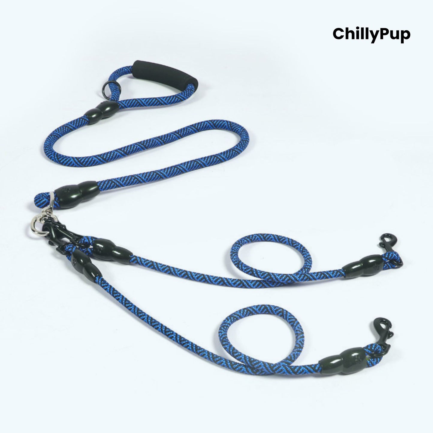 Blue and black dog Lead with handle on a white background, branded 'ChillyPup'.