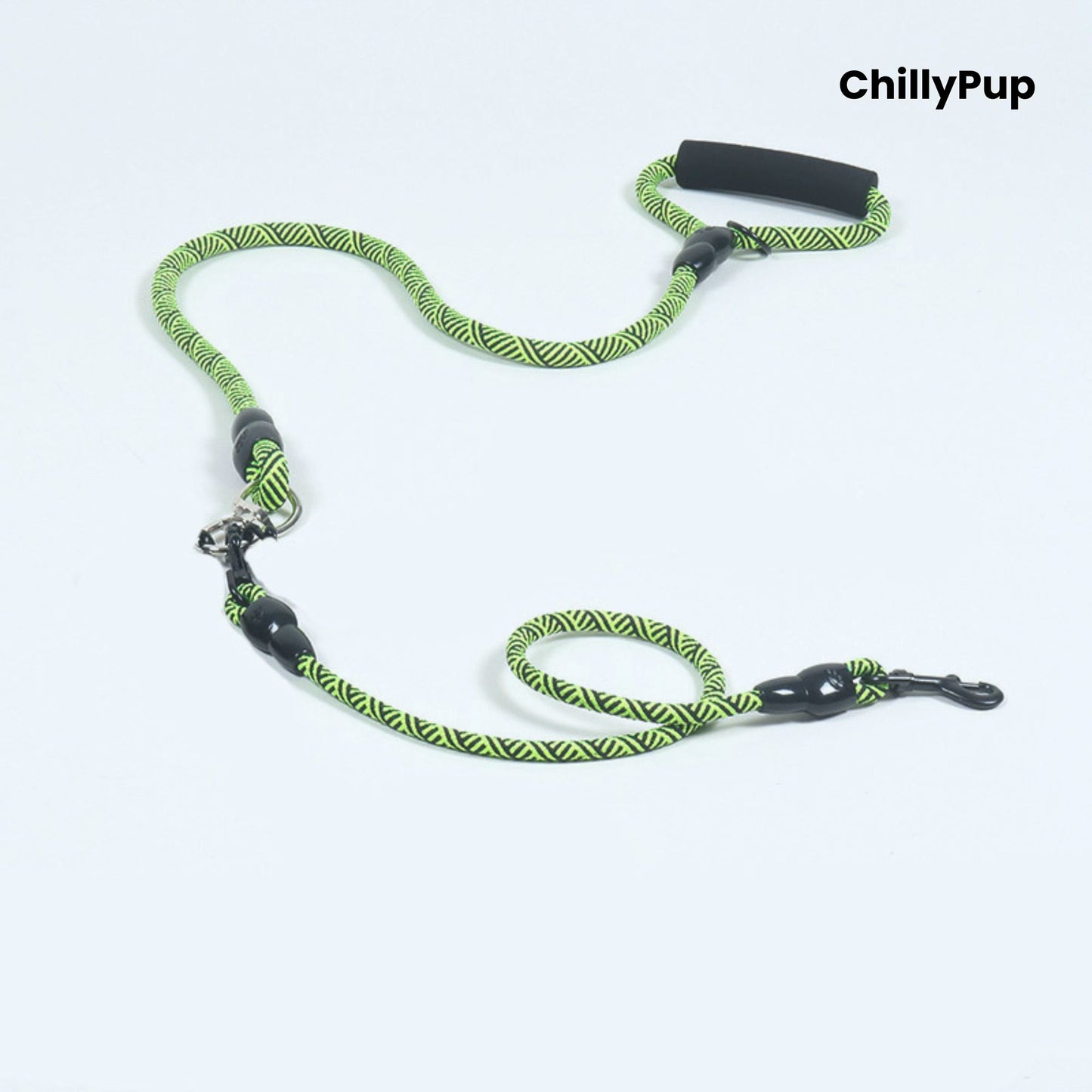 Green and black dog Lead with handle on a white background, branded 'ChillyPup'.