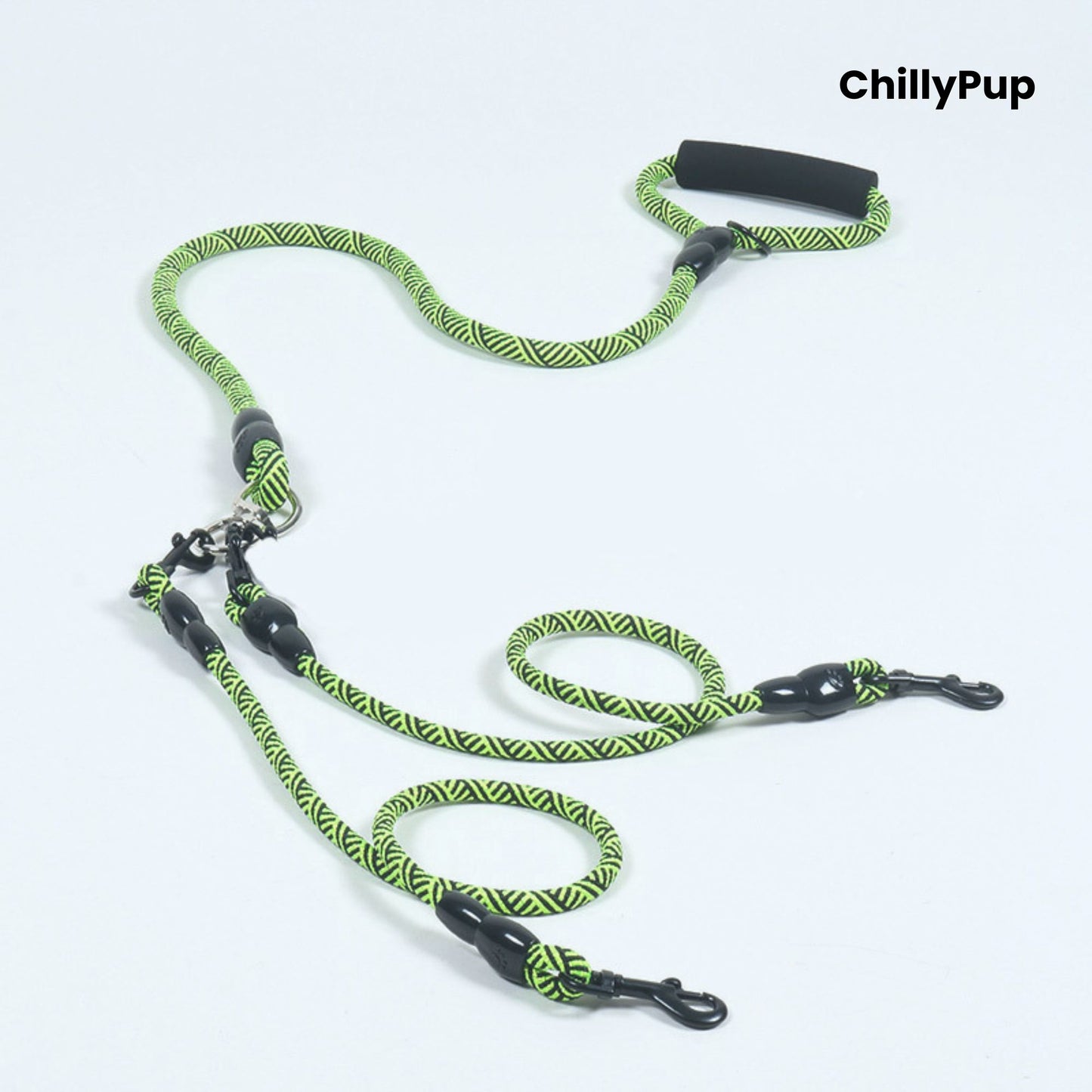 Green and black dog Lead with handle on a white background, branded 'ChillyPup'.