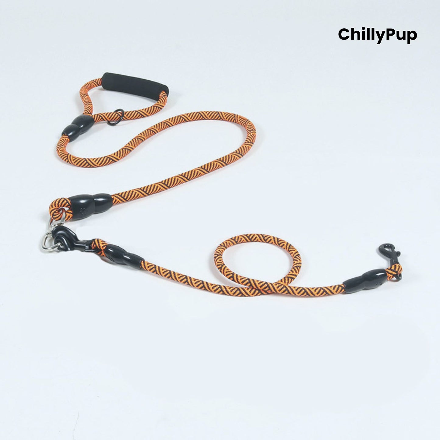 Orange and black dog Lead with handle on a white background, branded 'ChillyPup'.