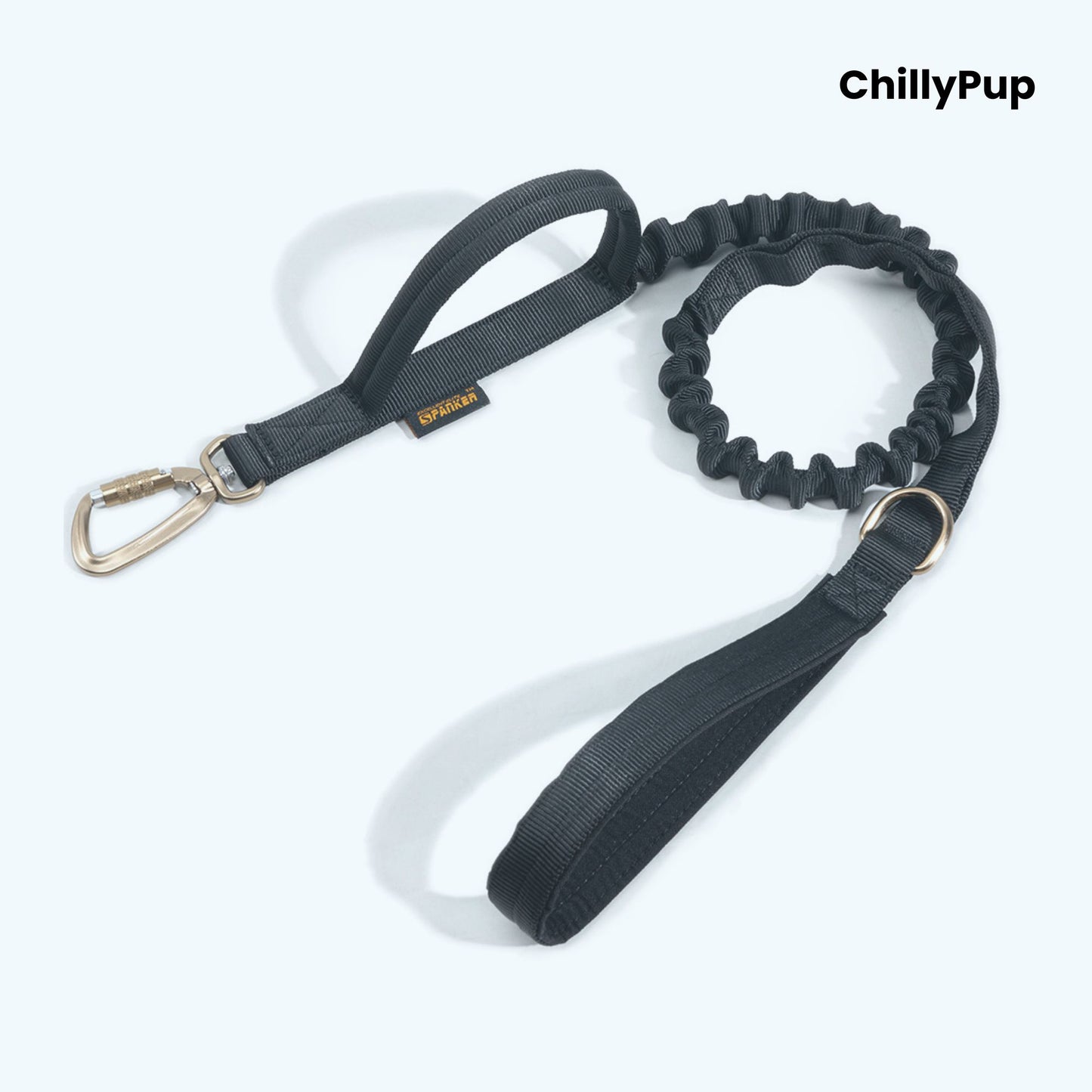Black dog lead with bungee feature on a white background, branded 'ChillyPup'.