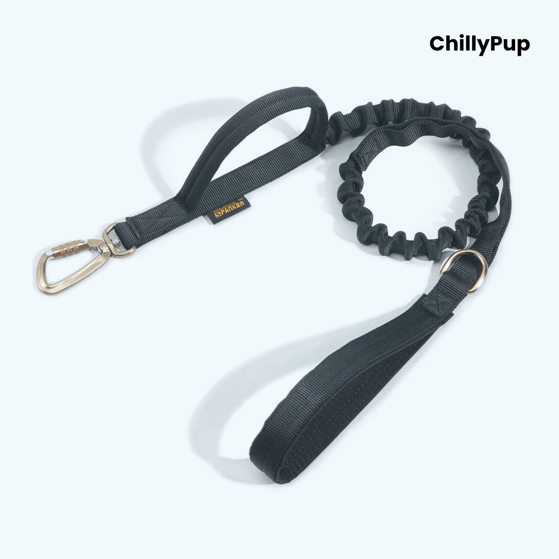 Black dog lead with bungee feature on a white background, branded 'ChillyPup'.