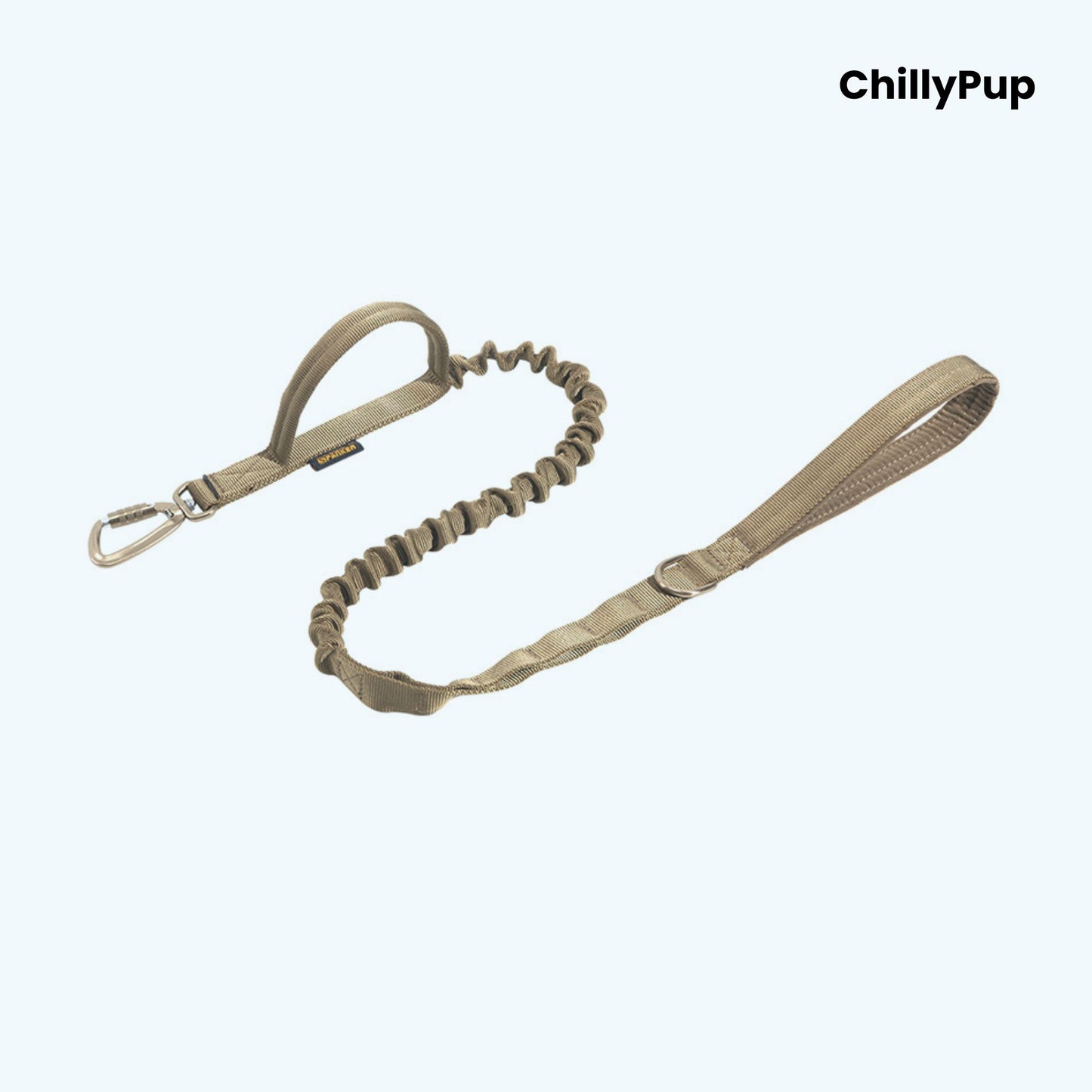 Beige dog lead with bungee feature on a white background, branded 'ChillyPup'.