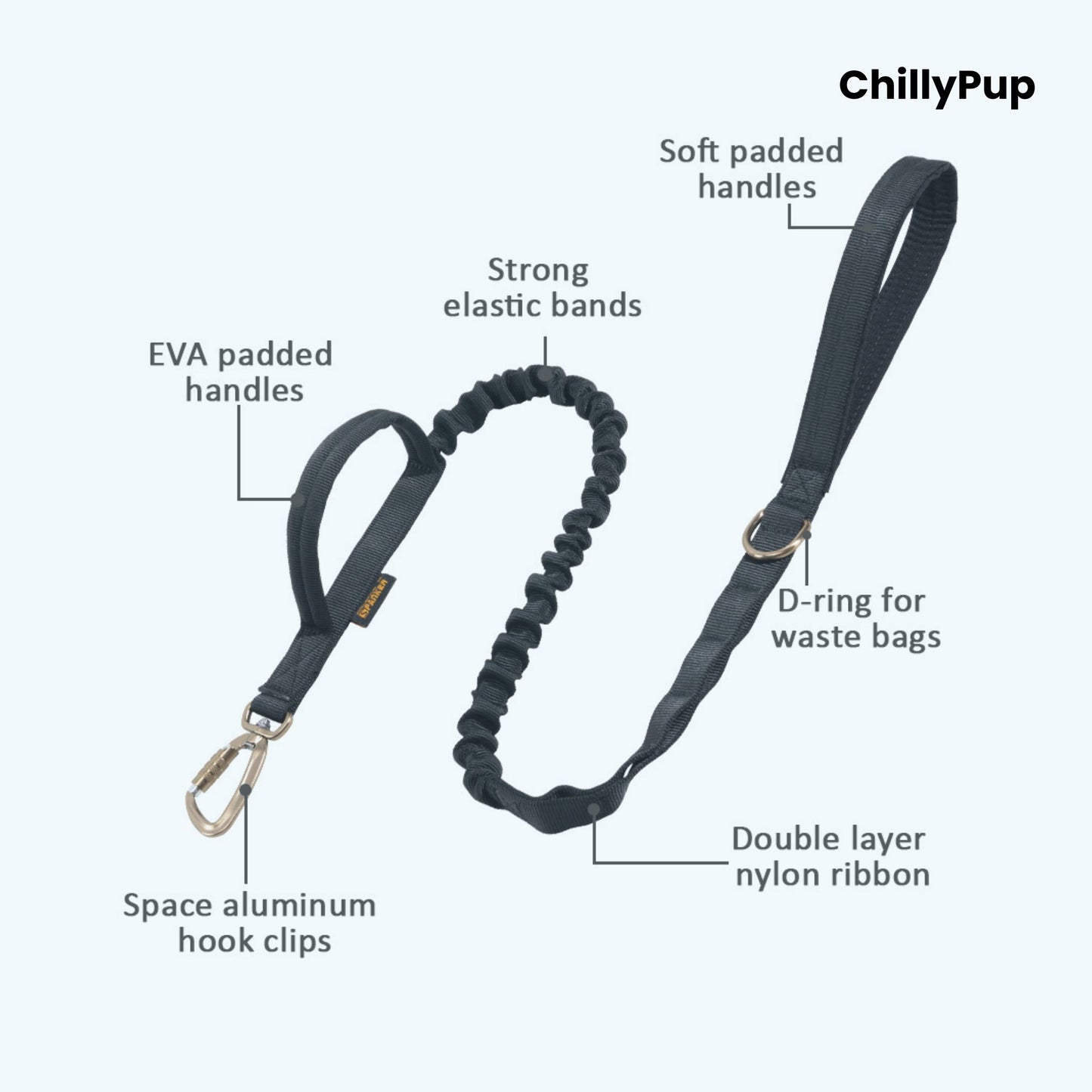 Dog lead with bungee feature on a white background, branded 'ChillyPup'.