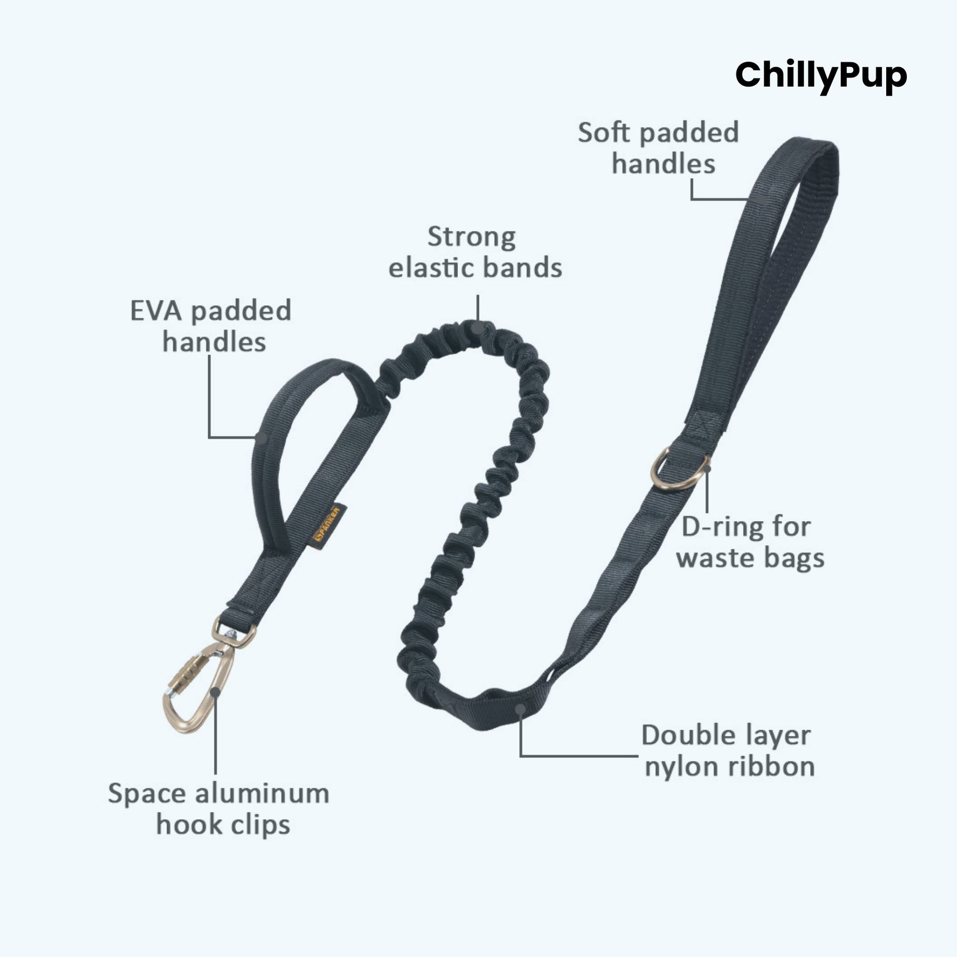 Dog lead with bungee feature on a white background, branded 'ChillyPup'.