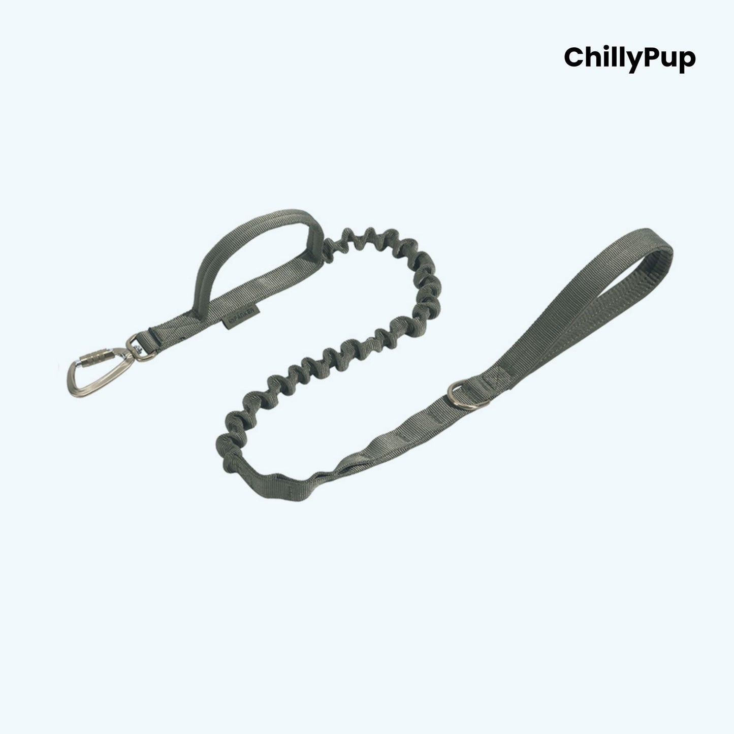 Green dog lead with bungee feature on a white background, branded 'ChillyPup'.
