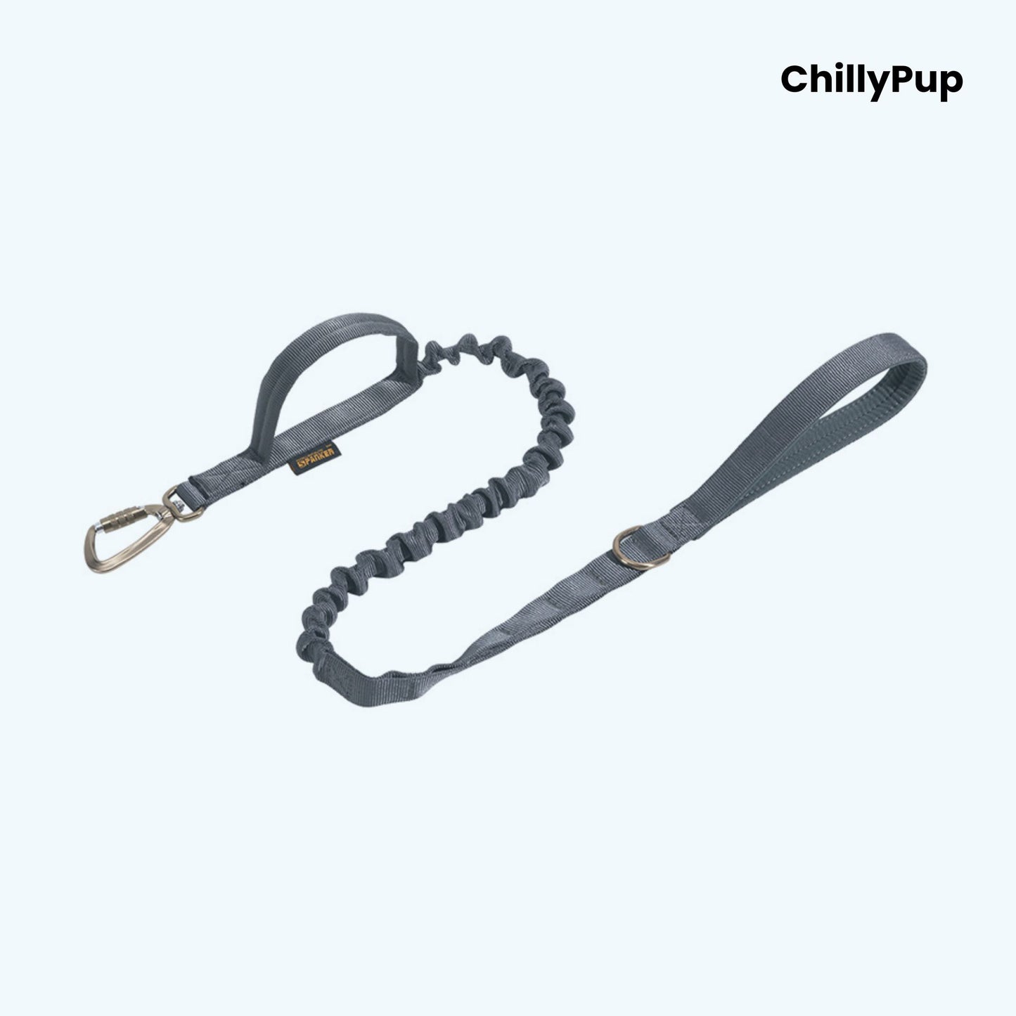 Grey dog lead with bungee feature on a white background, branded 'ChillyPup'.