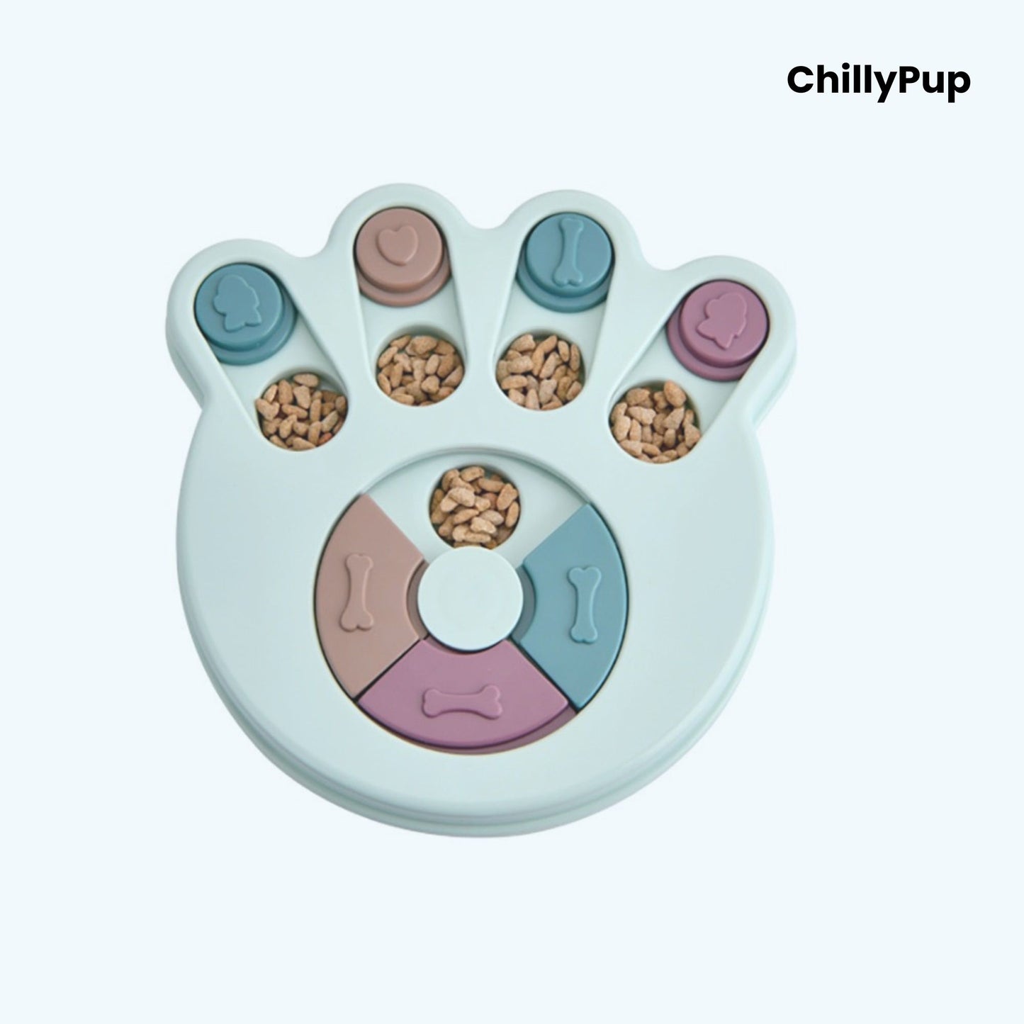 Pet treat dispenser shaped like a paw with 'ChillyPup' branding on a white background