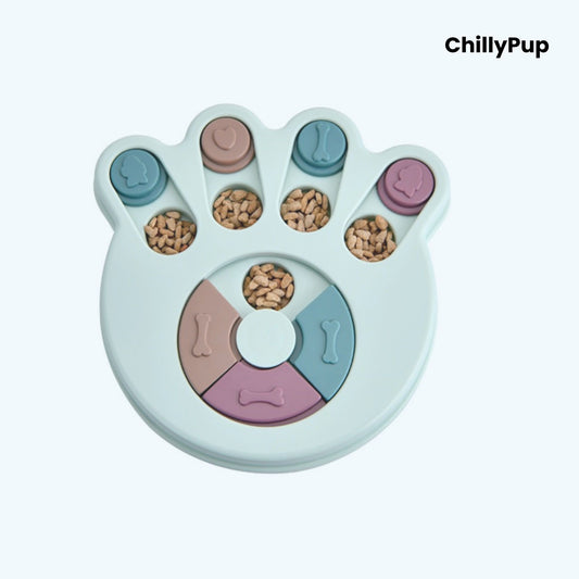 Pet treat dispenser shaped like a paw with 'ChillyPup' branding on a white background