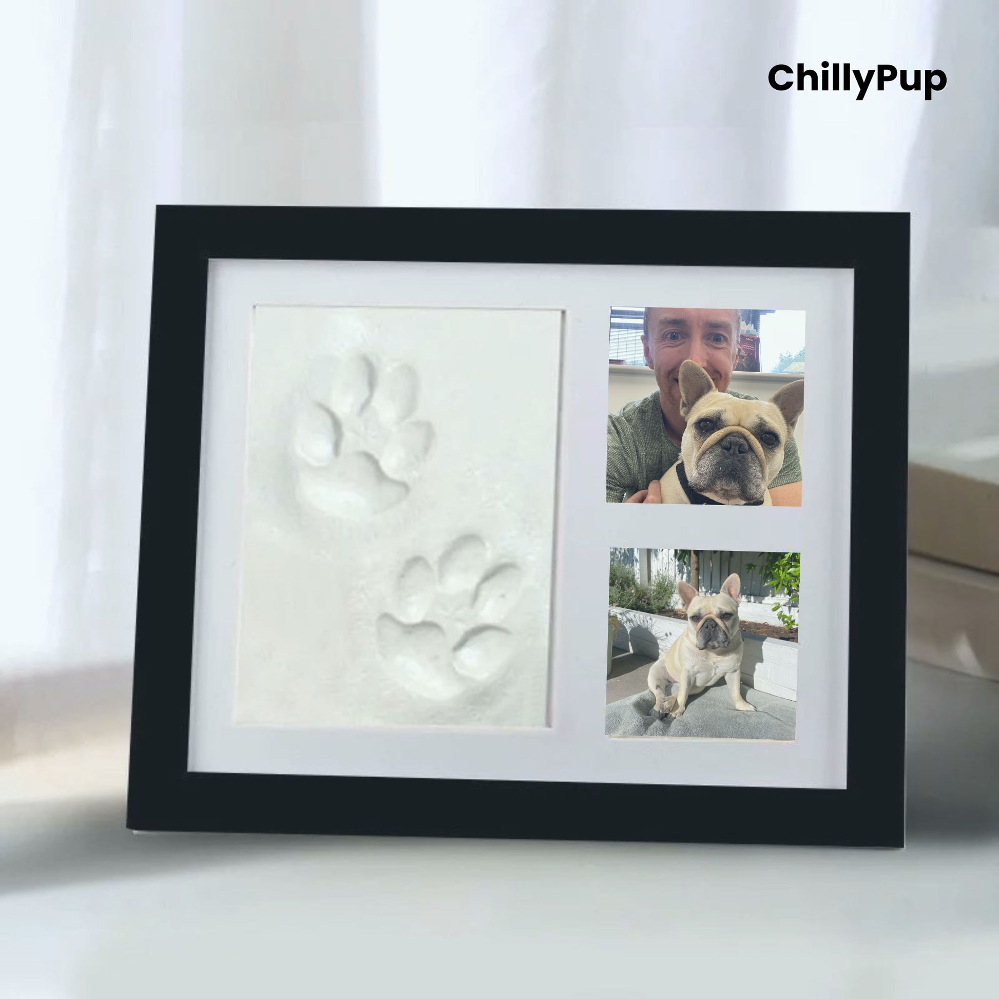 Framed pet print with a photo of a person and a dog, branded 'ChillyPup'