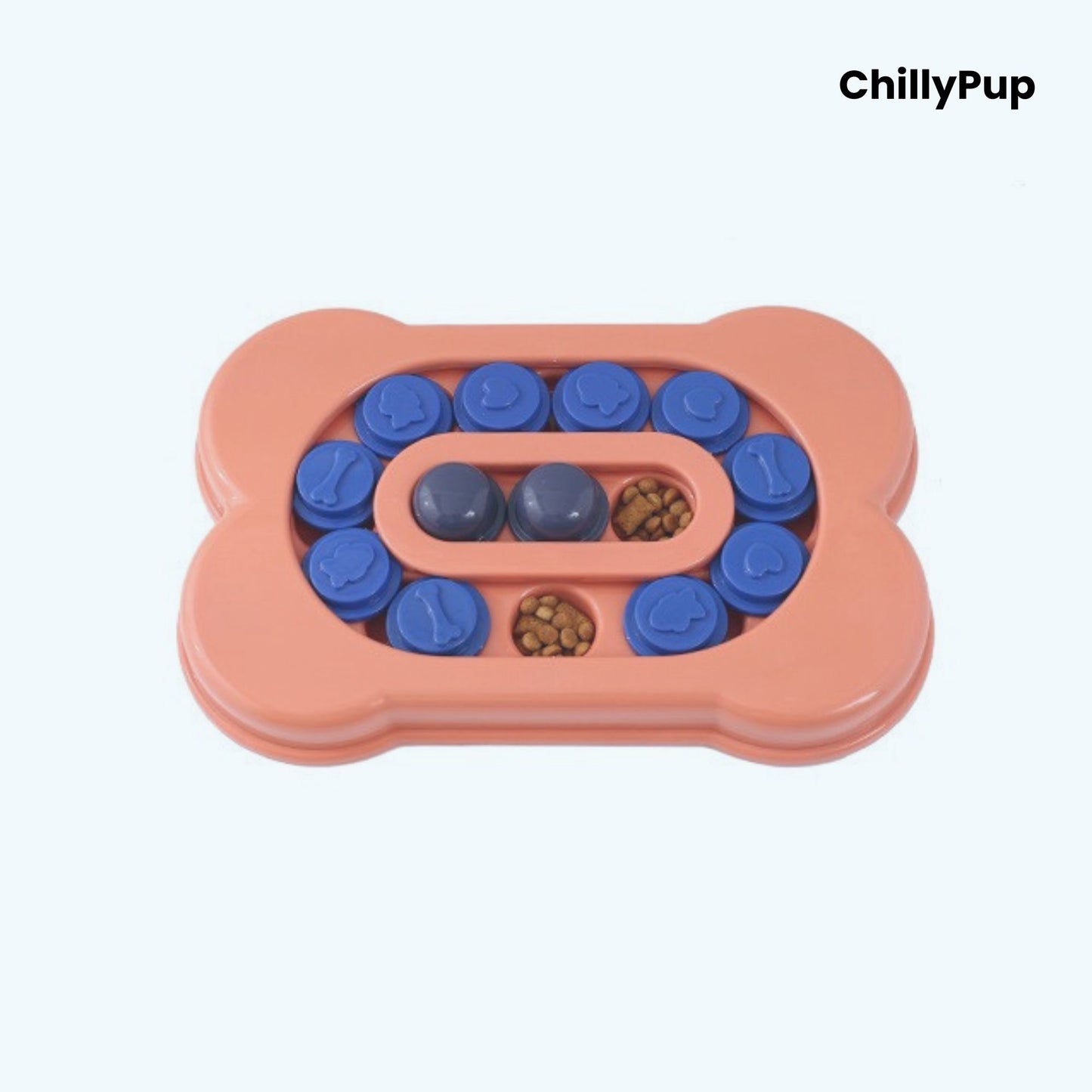 Dog toy with bone shape filled with treats on a white background, branded 'ChillyPup'.