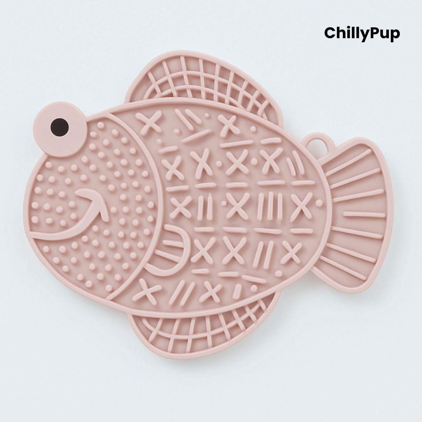 Pink fish-shaped dog lick pad on a white background, branded 'ChillyPup'.