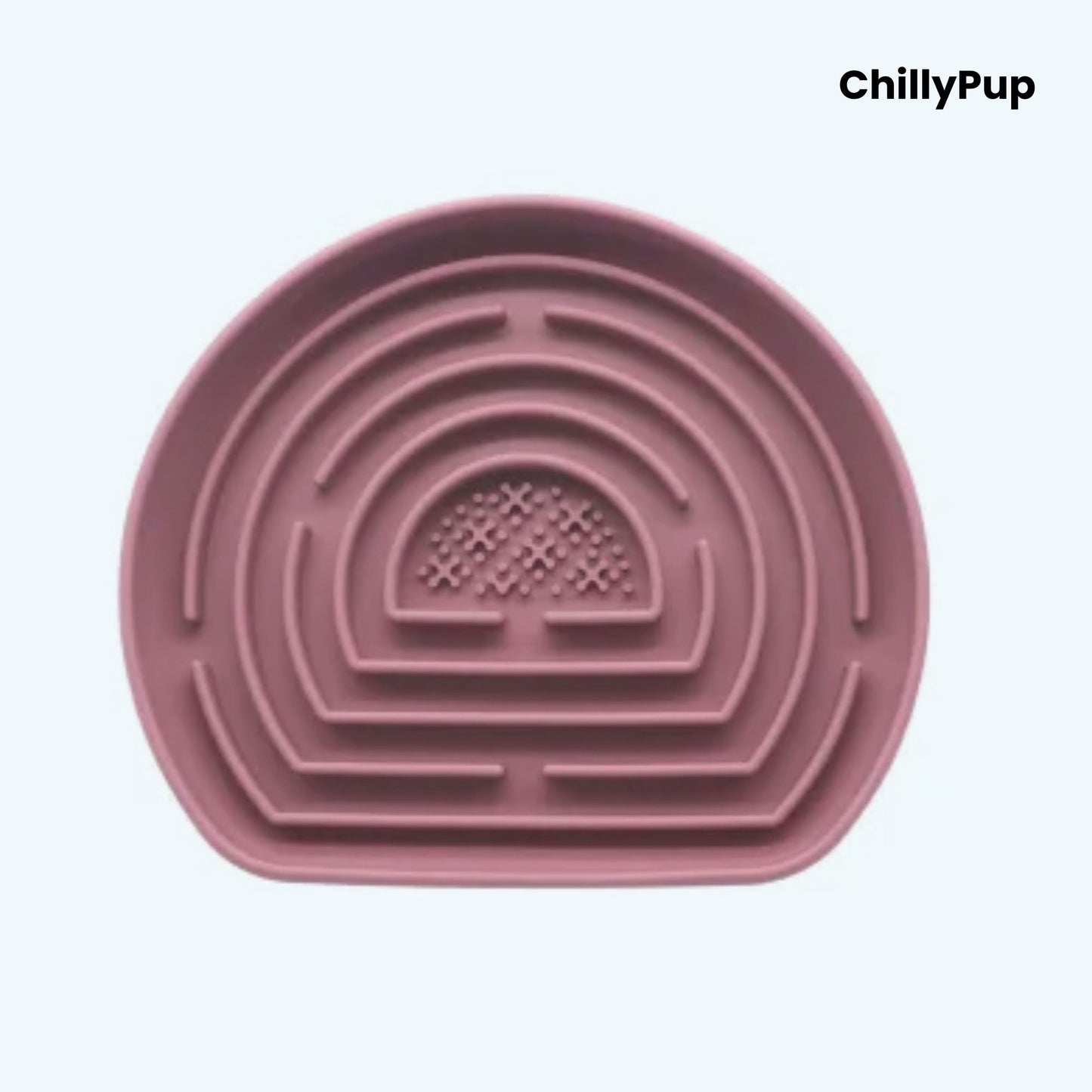 Pink pet bowl with maze design on a light purple background, branded 'ChillyPup'.