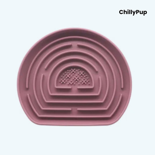 Pink pet bowl with maze design on a light purple background, branded 'ChillyPup'.